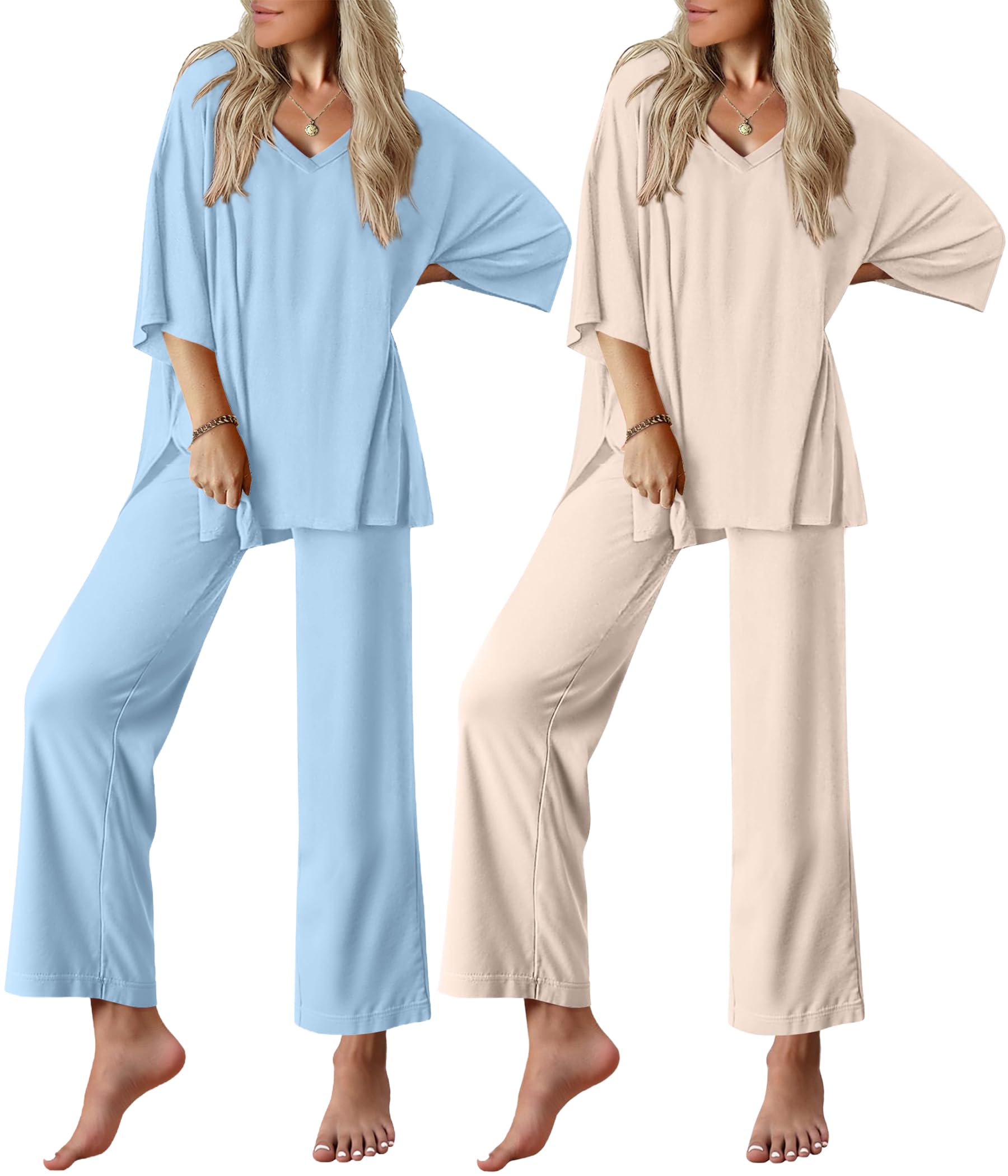 Ekouaer 2 Packs Lounge Sets for Women Short Sleeve Pajamas Set V Neck Top and Long Pants Comfy Pjs Outifts with Pockets
