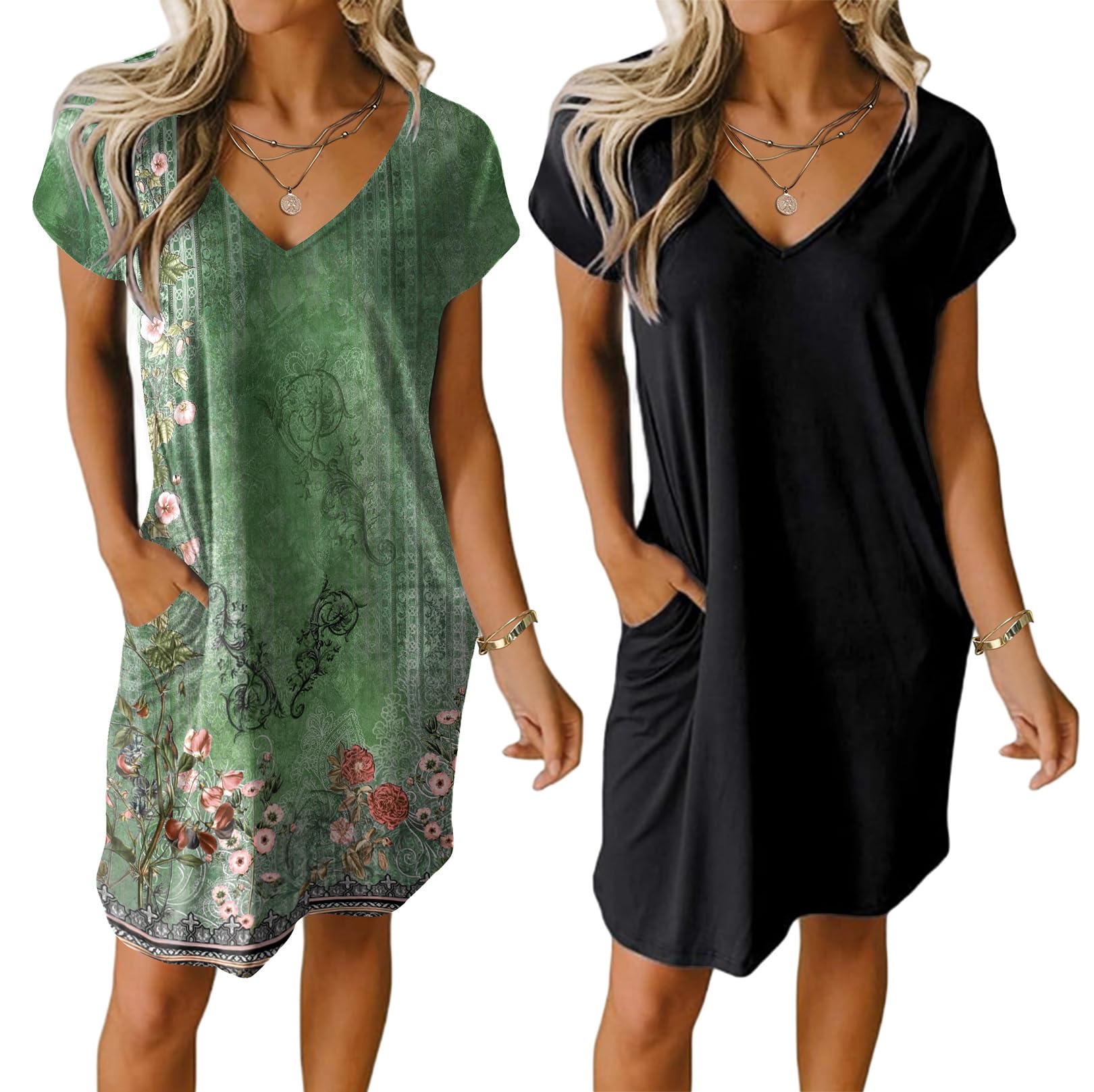 Ekouaer Womens 2 Pack Nightgown V Neck Sleepshirt Short Sleeve Nightshirt Plain/Floral Pajama Dress with Pockets