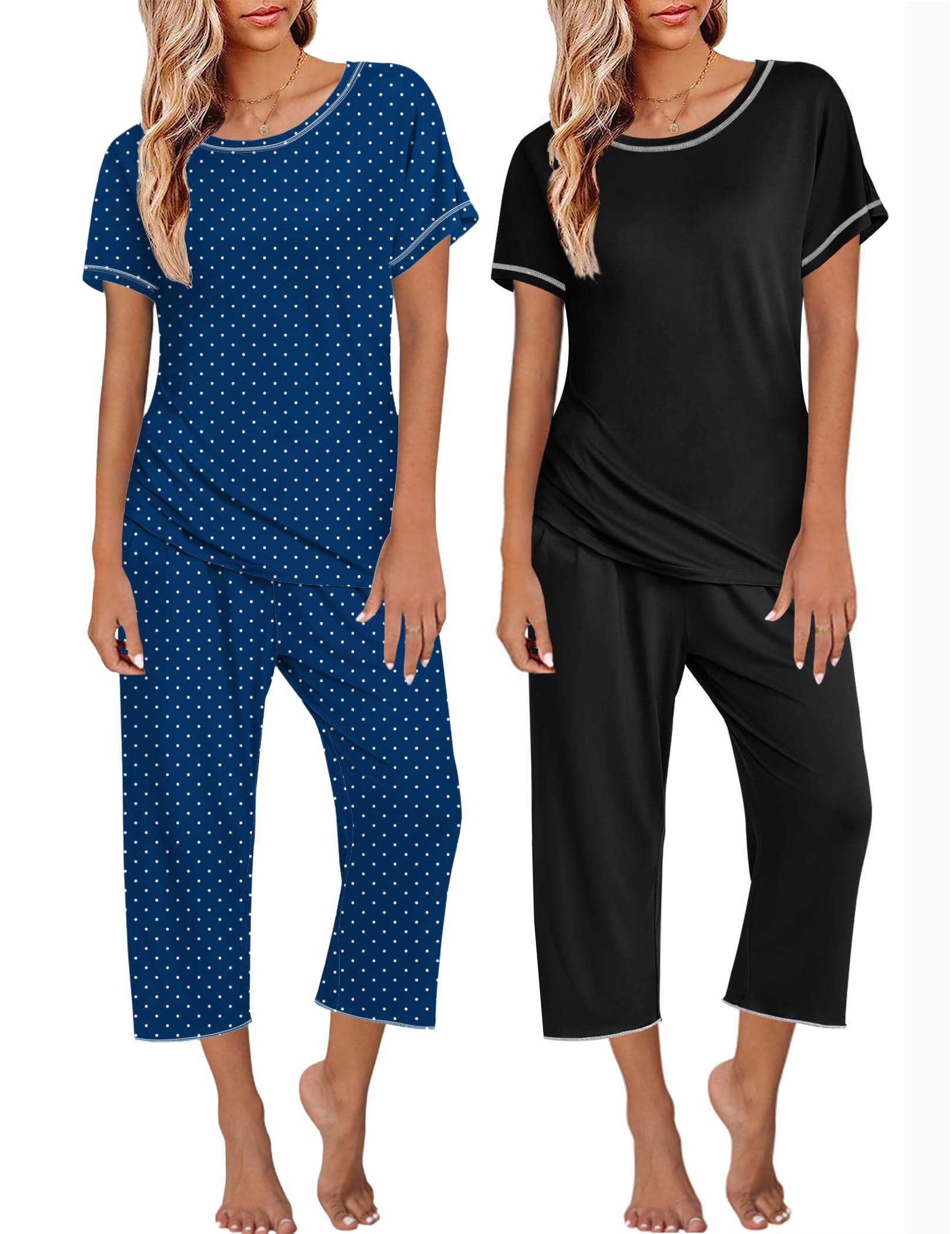 Ekouaer 2 Pack Womens Pajamas Sets Short Sleeve Tops and Capri Pants Pjs Colorful Printed Sleepwear Sets