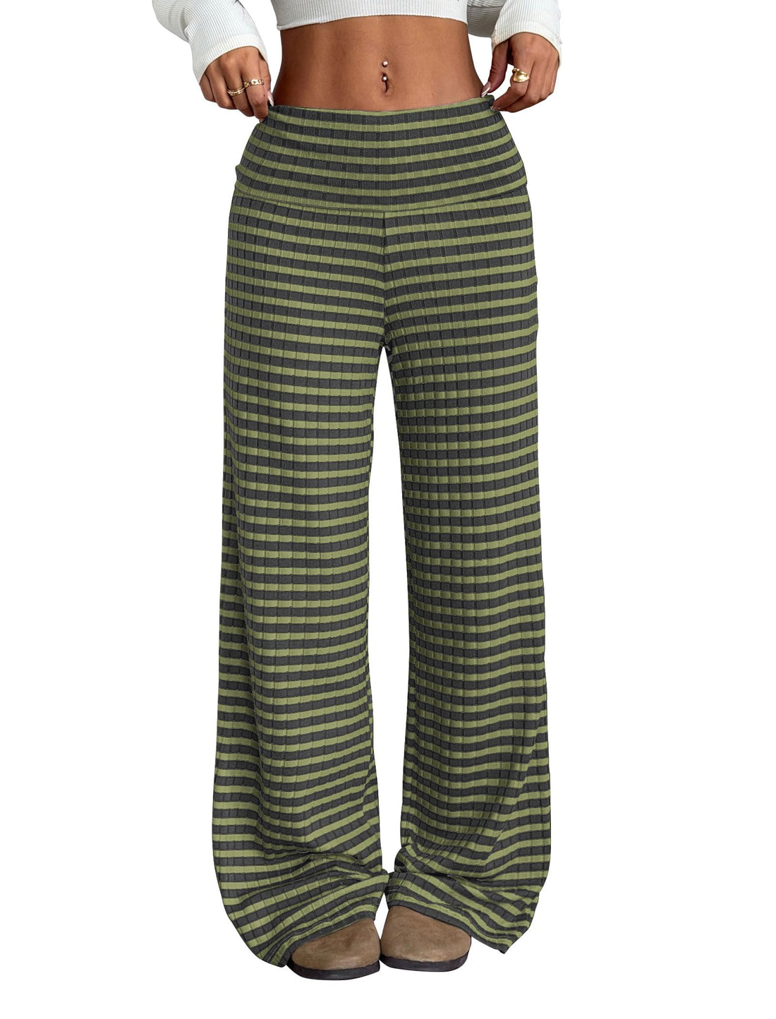 ZAFUL Women's Striped Pants Casual Fold Waist Wide Leg Pants Lightweight Comfy Stretchy Loose Lounge Pajama Pants