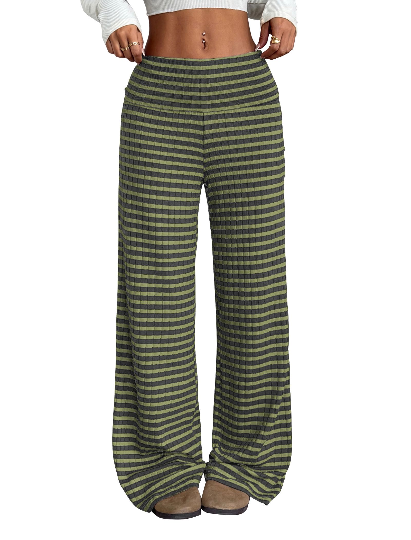 ZAFUL Women's Striped Pants Casual Fold Waist Wide Leg Pants Lightweight Comfy Stretchy Loose Lounge Pajama Pants