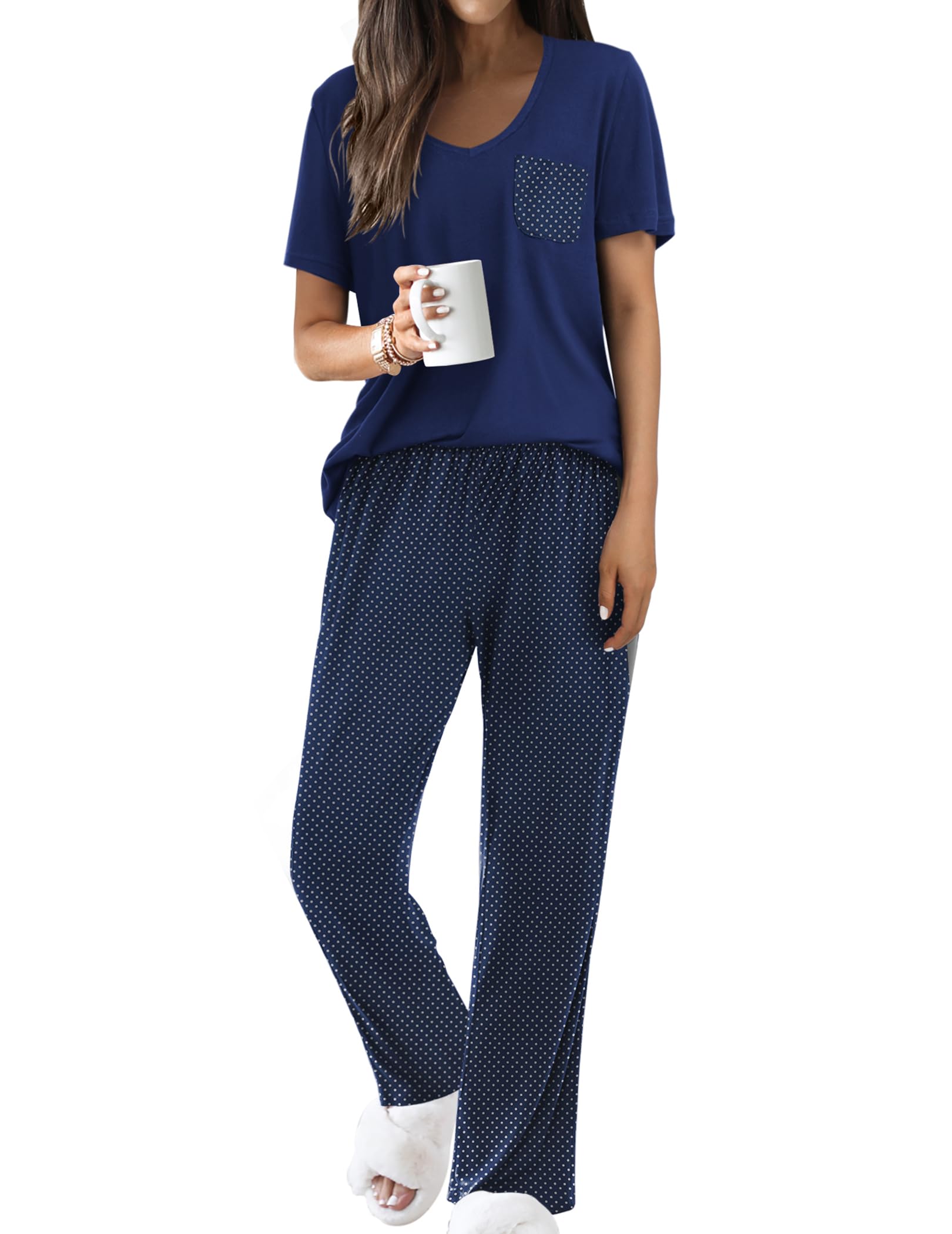 Ekouaer Pajama Sets for Women Short Sleeve Pj Set V Neck Sleepwear Chest Pocket with Long Pants Casual Loose Loungewear WEBE CLOTHING