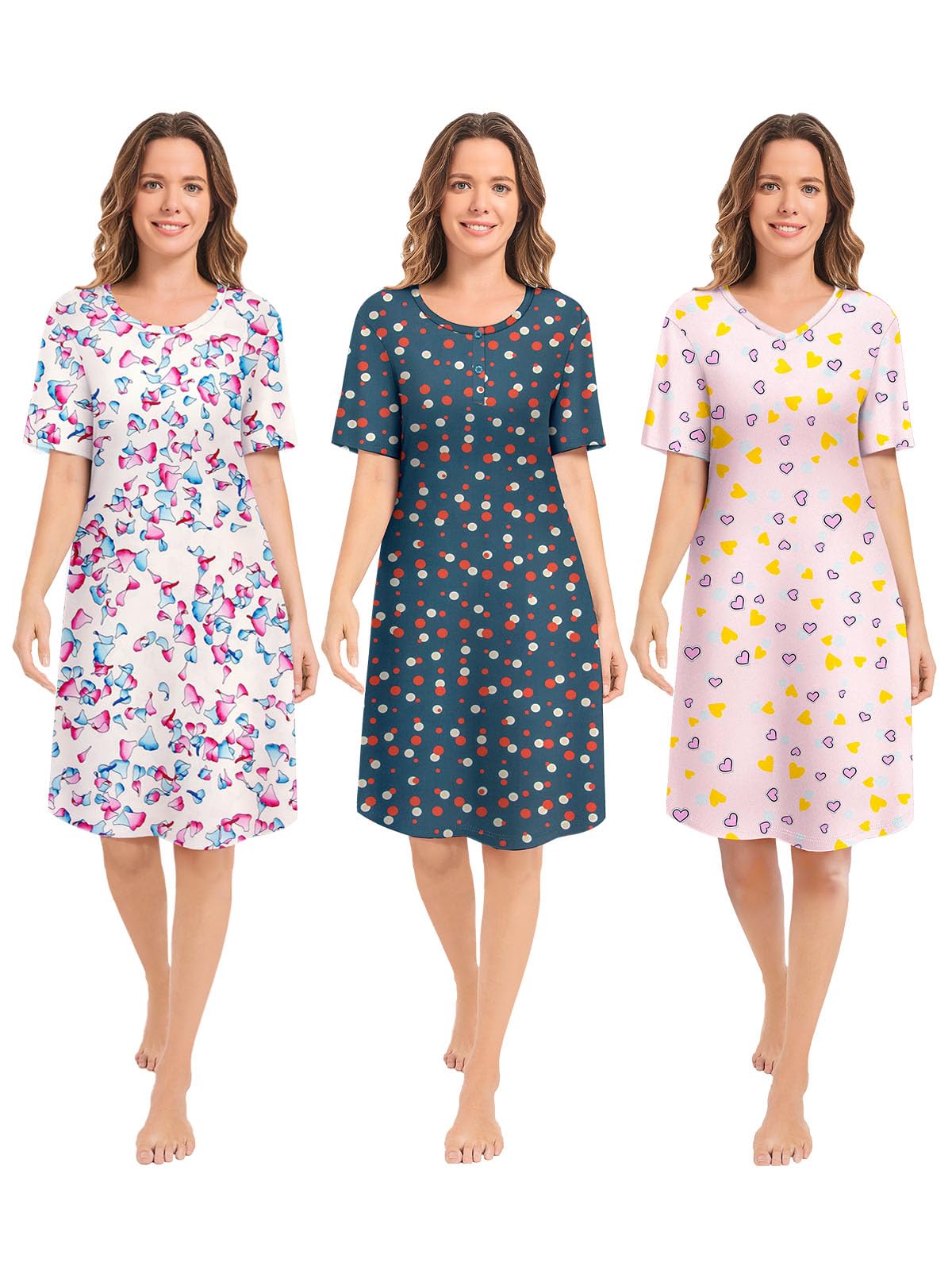 3 Pack Nightgowns for Women Short Sleeve Night Gown Soft Sleep Shirts Women's Sleepwear Print Sleep Dress WEBE CLOTHING
