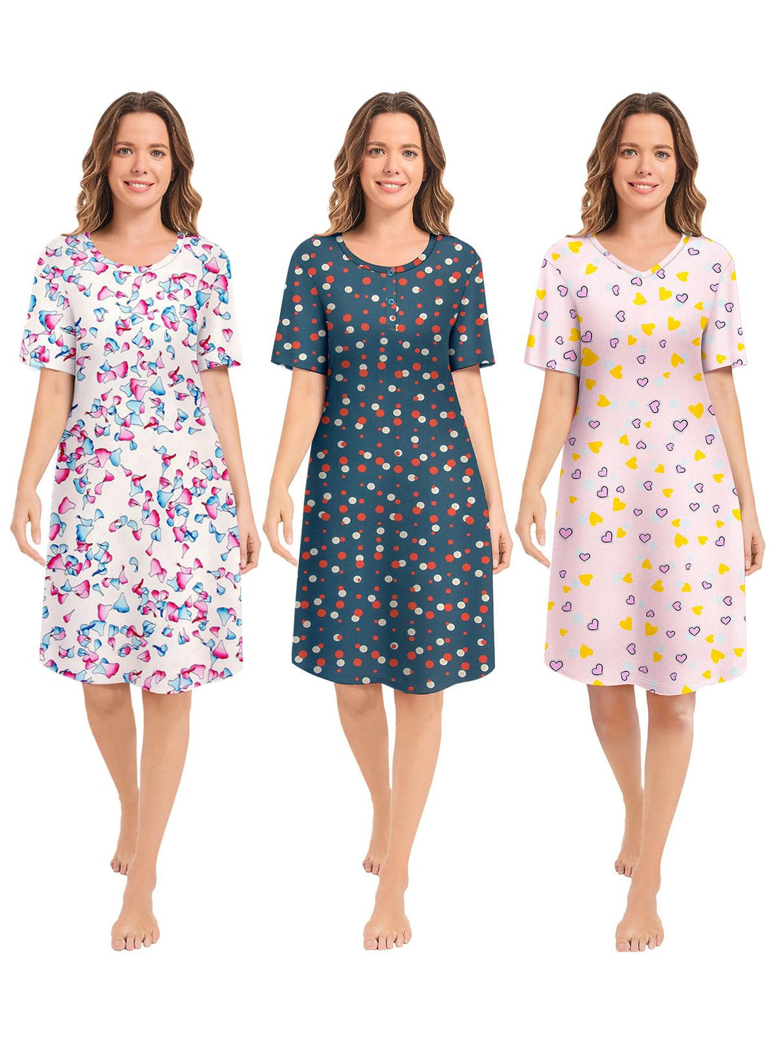 3 Pack Nightgowns for Women Short Sleeve Night Gown Soft Sleep Shirts Women's Sleepwear Print Sleep Dress WEBE CLOTHING
