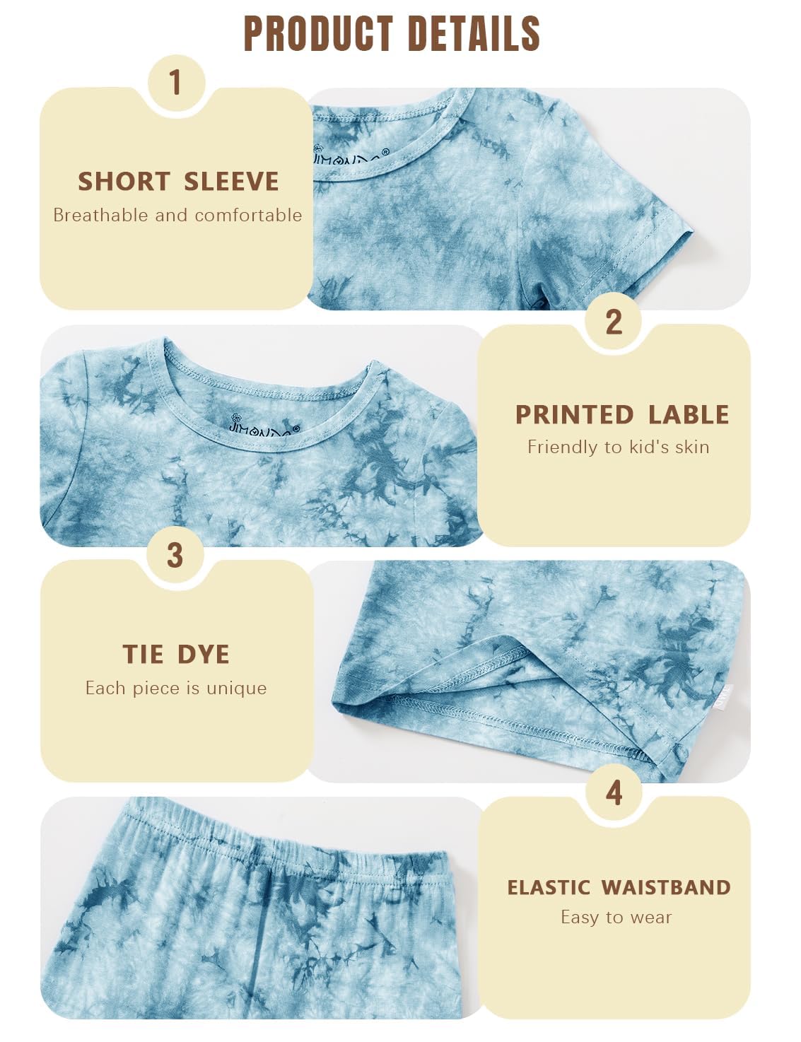 Jimonda Kids Soft Rayon From Bamboo Sleepwear Short Sleeve Boys Girls Pajama Outdoor 4-Piece tops&shorts Casual sets Tie PJ