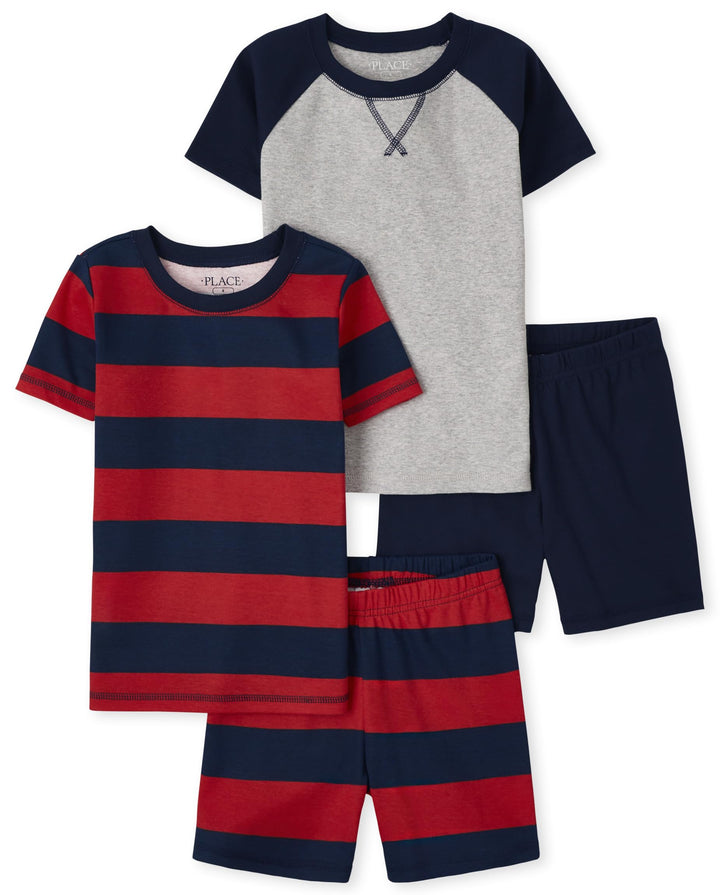The Children's Place Boys' Short Sleeve Top and Shorts Snug Fit 100% Cotton 4 Piece Pajama Set
