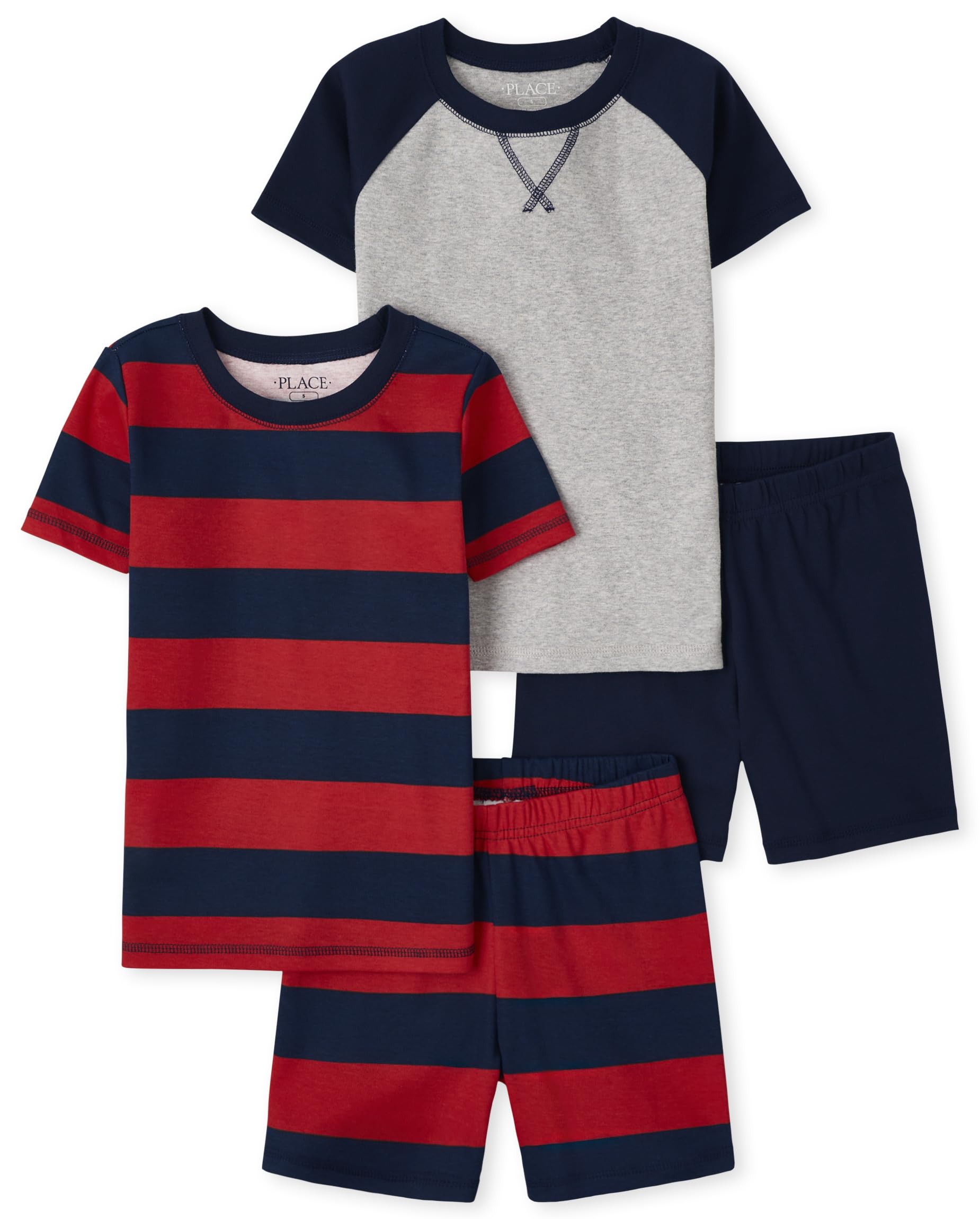 The Children's Place Boys' Short Sleeve Top and Shorts Snug Fit 100% Cotton 4 Piece Pajama Set