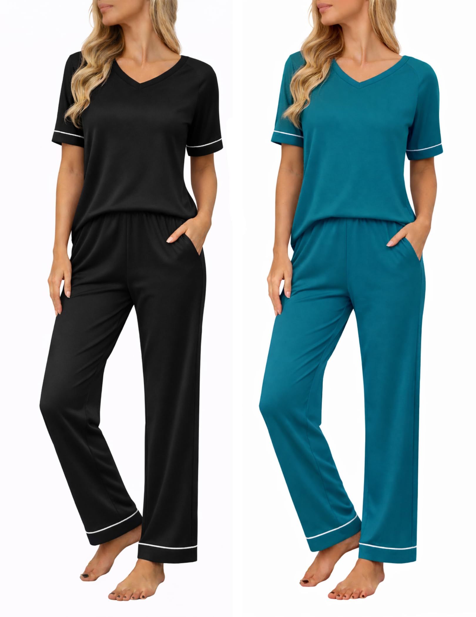Ekouaer Womens Pajama Set Short Sleeve Pajamas Top and Pants V Neck Pjs Set Soft Loungewear with Pockets