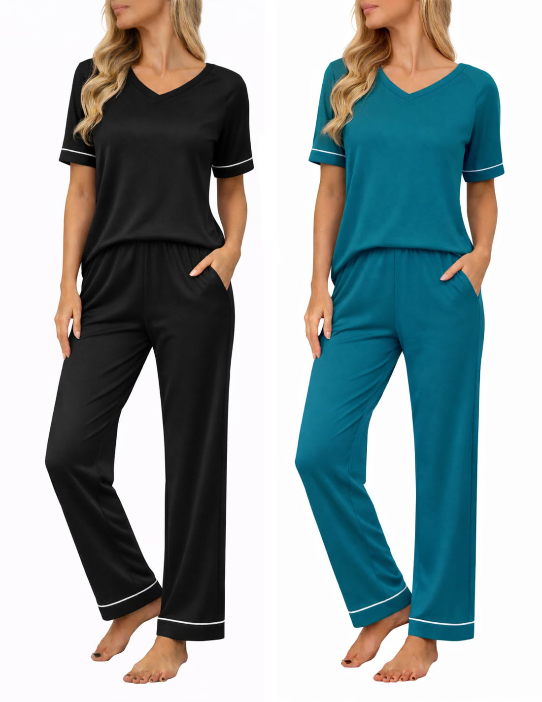 Ekouaer Womens Pajama Set Short Sleeve Pajamas Top and Pants V Neck Pjs Set Soft Loungewear with Pockets