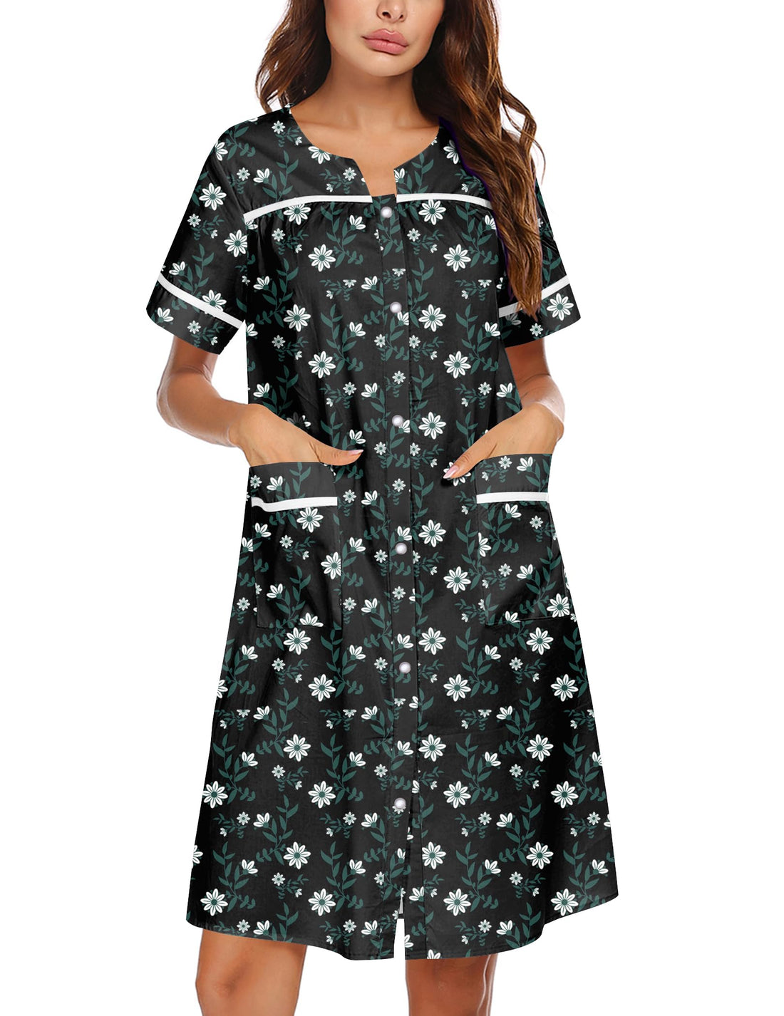 Ekouaer Nightgowns for Women House Dress with Pockets Snap Front House Coat | Duster Mumu Dress, Short Sleeve Moo Moos, Plus Size Sleepwear, Casual Lounge Dress, Labor Delivery Gown, Daily Wear, Home