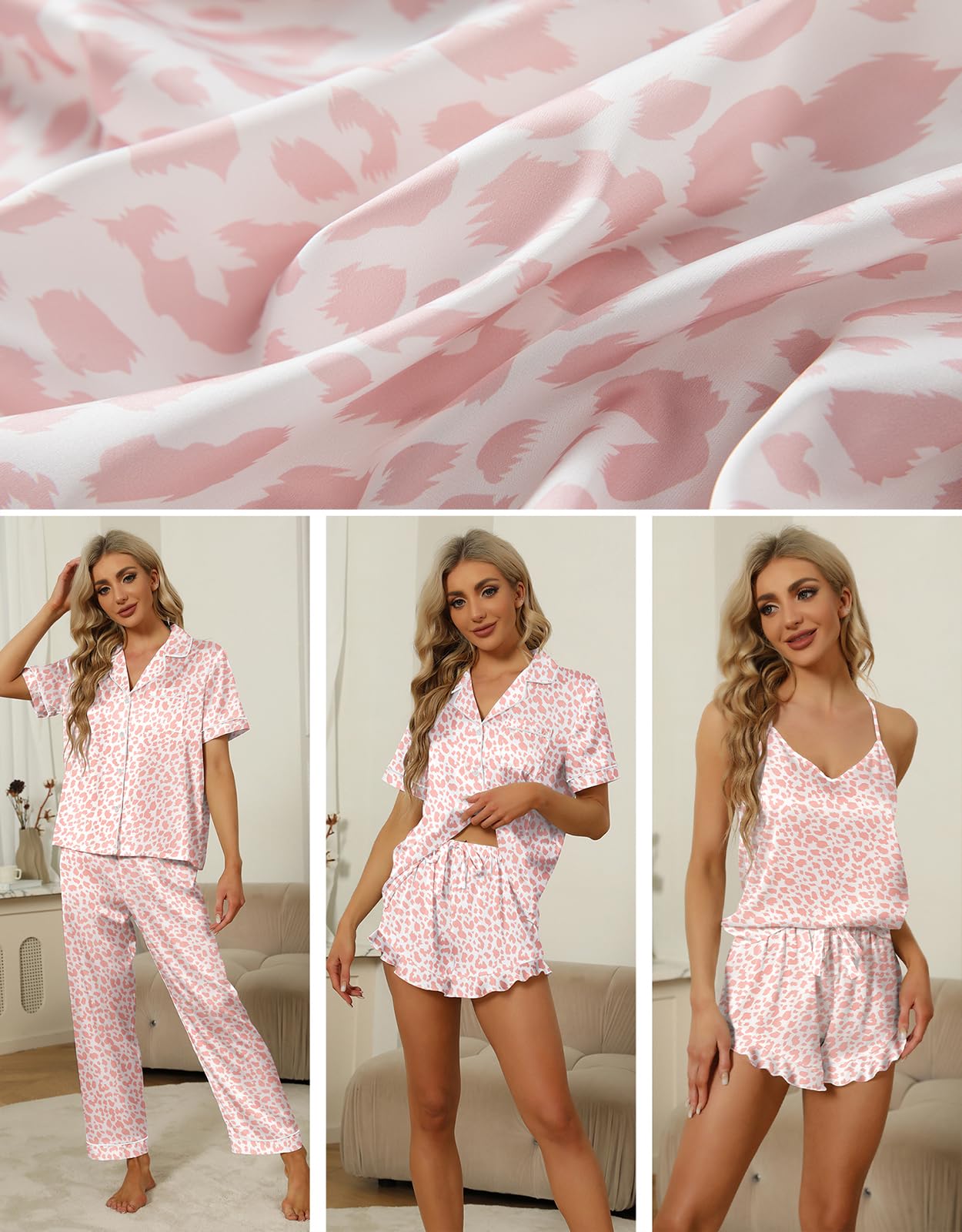 SAPJON Silk Pajamas for Women Set 4Pcs Ruffled Satin Pajamas Set Button Down Short Sleeve Cami Shorts Sleepwear Pj Set
