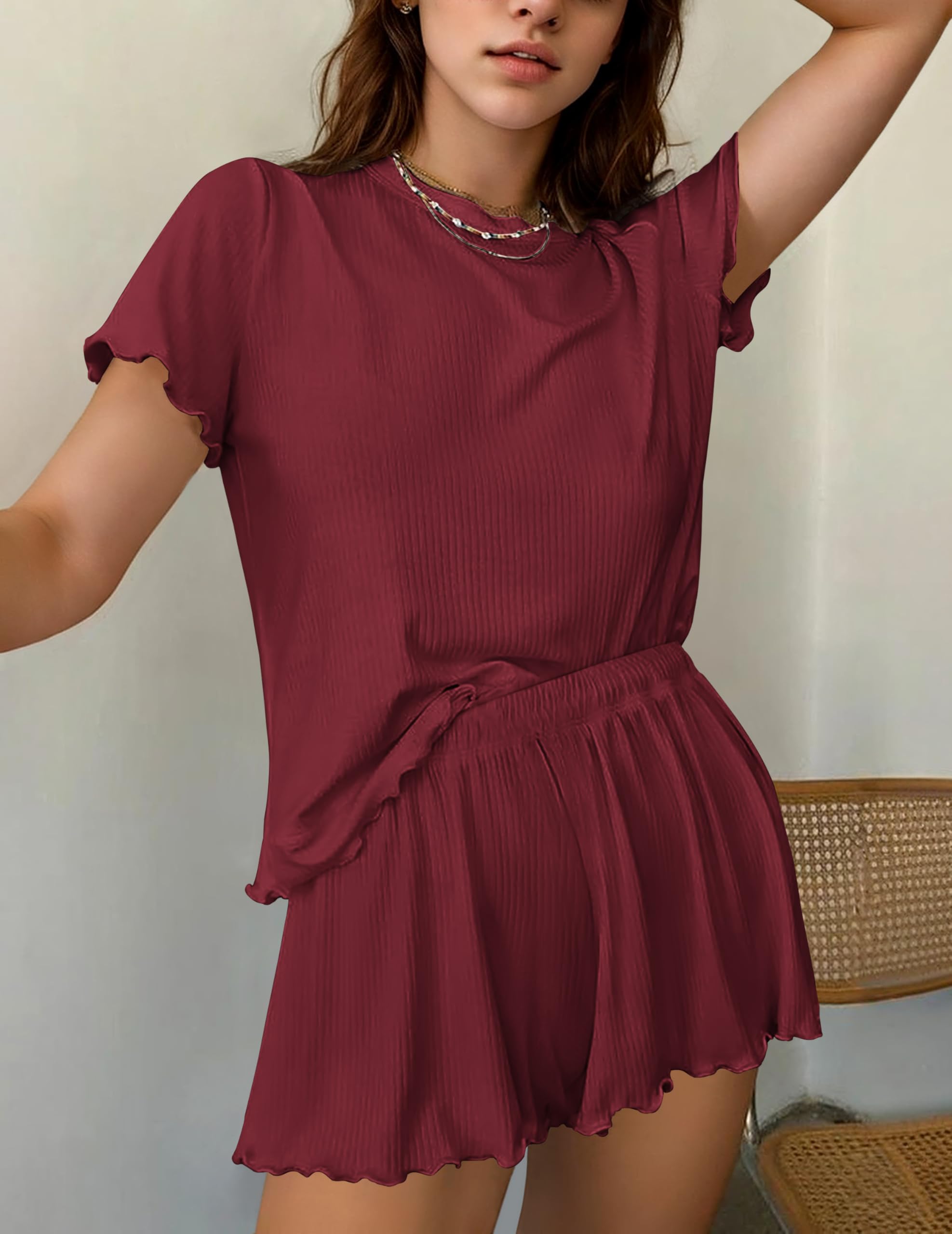 Ekouaer Womens Pajamas 2 Piece Ribbed Knit Pjs Short Sleeve Sleepwear Set Summer Soft Pajamas Set Casual Lounge Sets