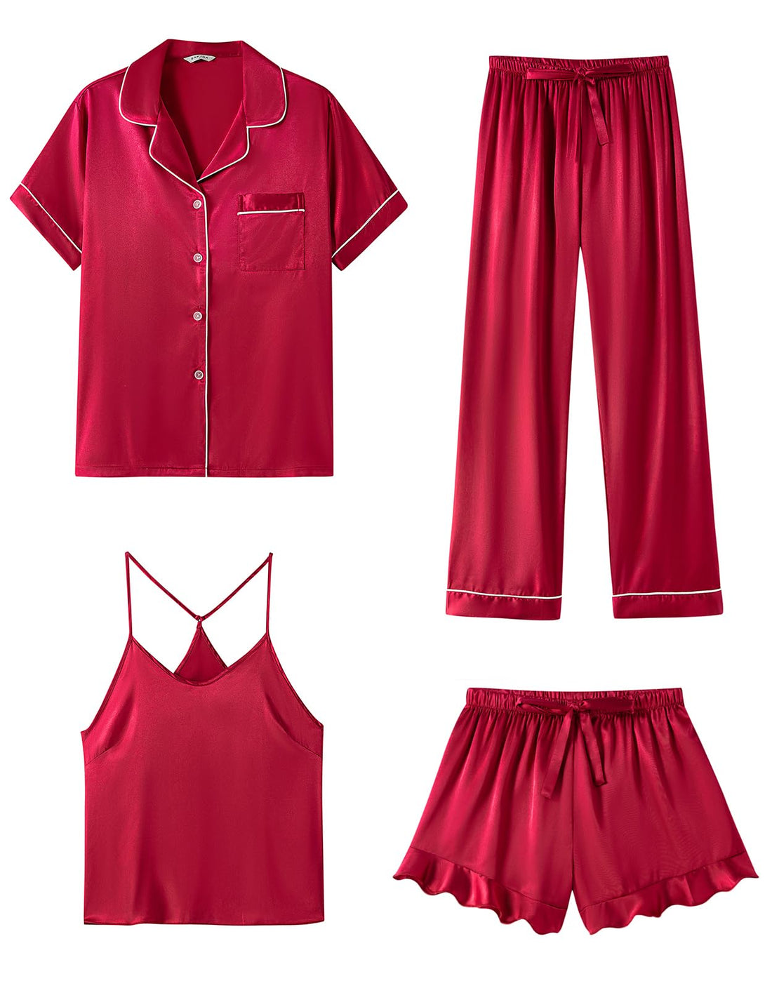 SAPJON Silk Pajamas for Women Set 4Pcs Ruffled Satin Pajamas Set Button Down Short Sleeve Cami Shorts Sleepwear Pj Set