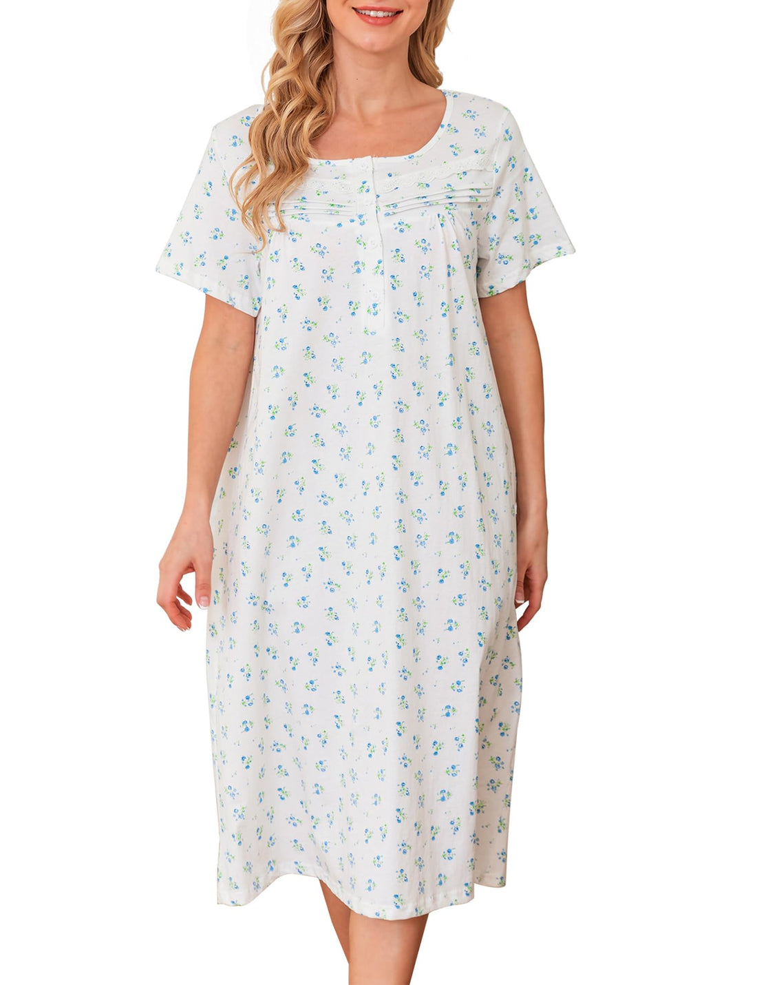 Bloggerlove Nightgowns for Women 100% Cotton Soft House Dress | 100 Full Cotton, Button Neck, Knee Length, Lace Trim Floral, Breathable, Skin-frieend, Loose Fit, Comfy Sleepwear WEBE CLOTHING
