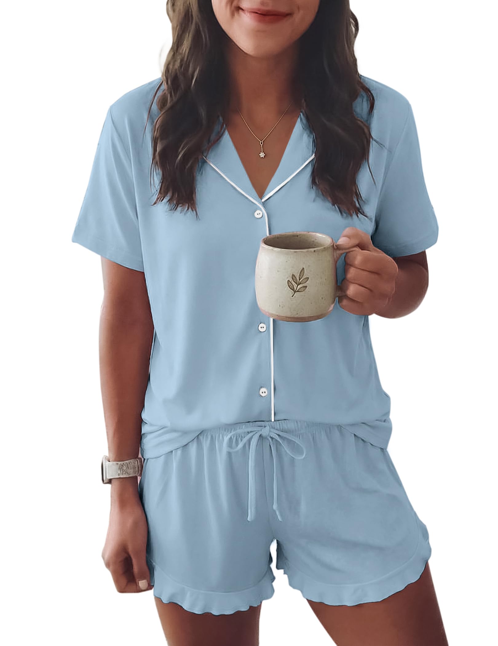 Ekouaer Womens Pajama Sets Button Down Short Sleeve Top and Shorts Cute Ruffled Pjs Sets Sleepwear