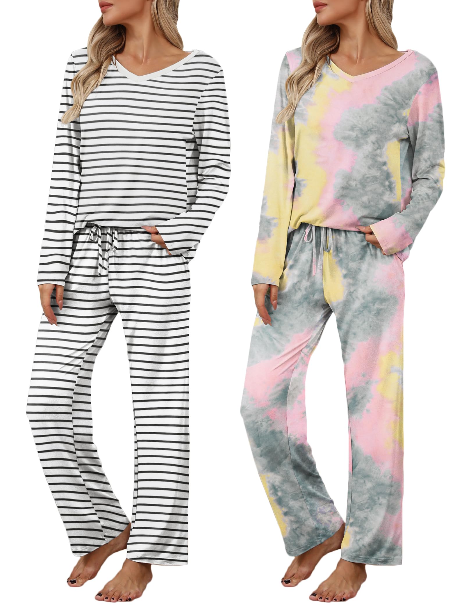 Ekouaer Womens 2 Pack Pajama Set Long Sleeve Pajamas Top and Pants V Neck Pjs Set Soft Loungewear with Pockets
