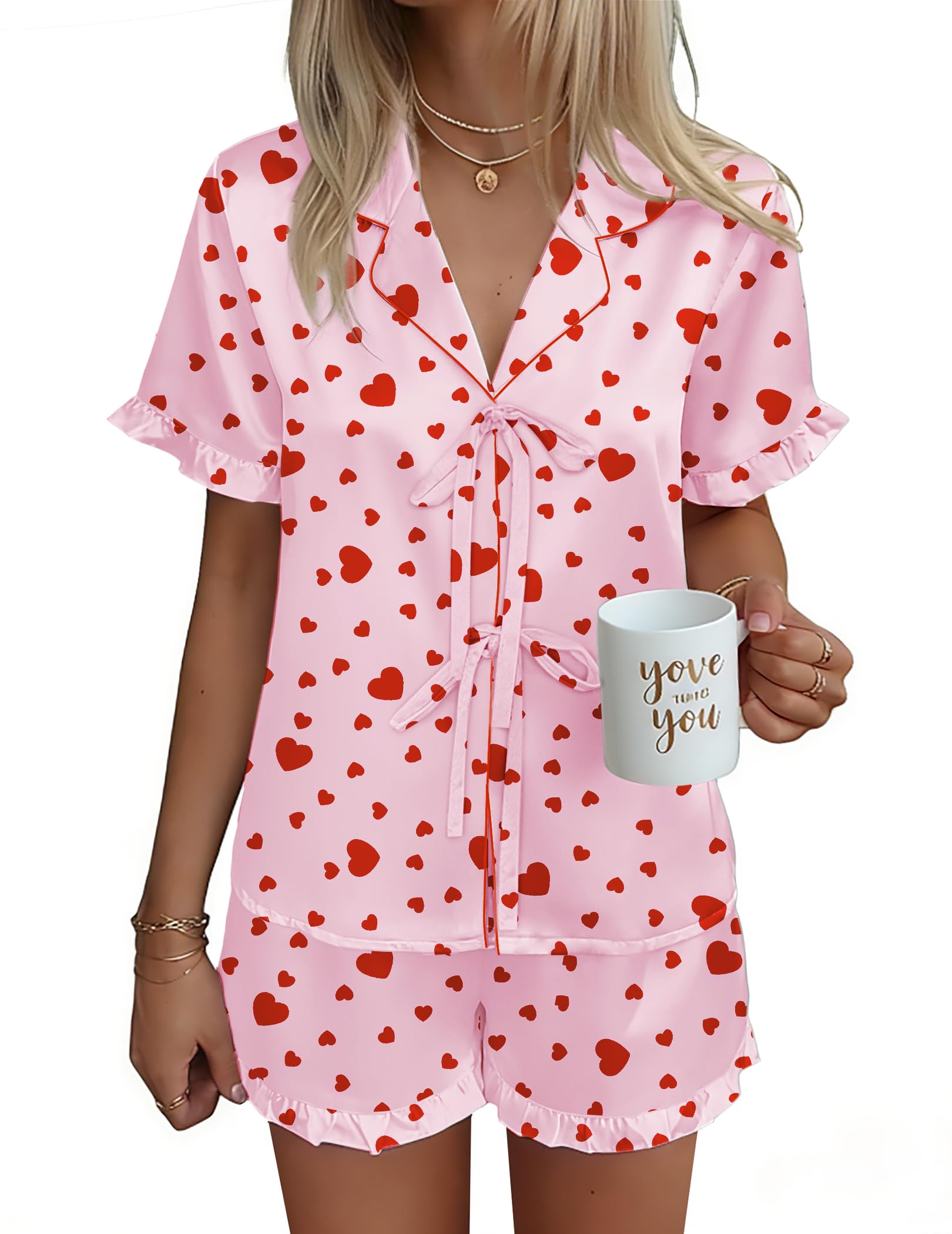 Ekouaer Satin Pajama for Women Short Sleeve Silky Pj Short Set Bow Front Tie Up Loungewear Sleepwear