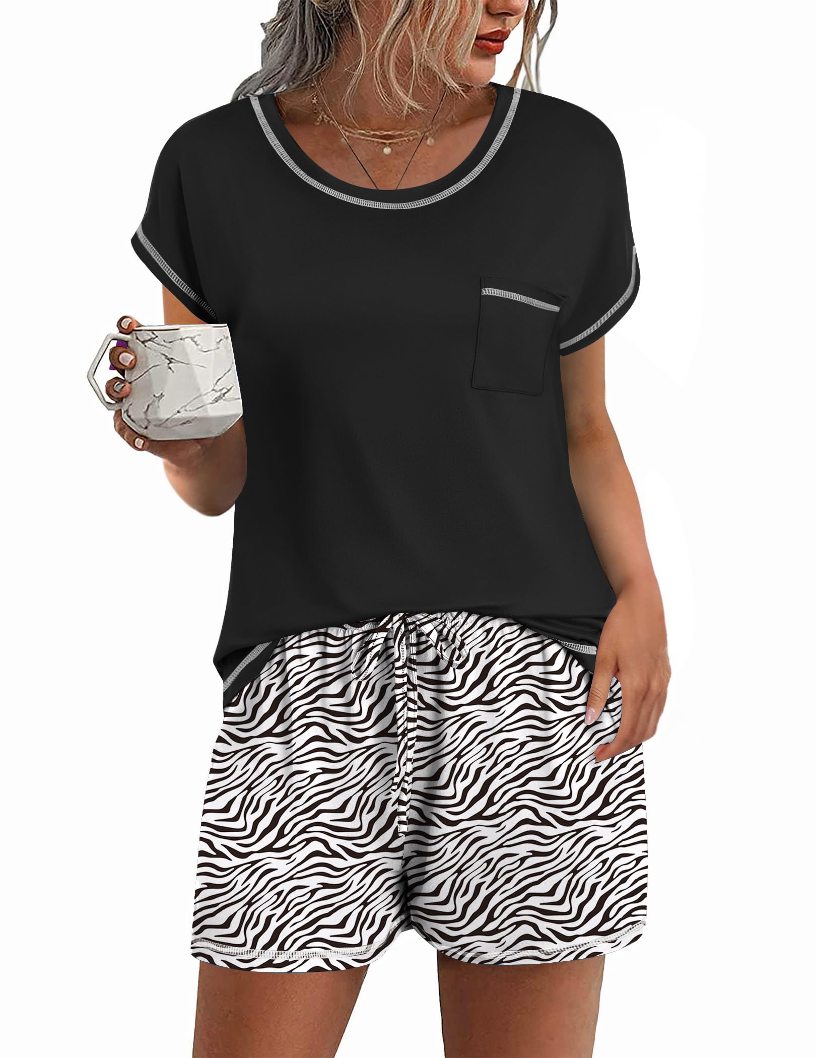 Ekouaer Womens Pajama Sets 2 Piece Soft Short Sleeve Top and Shorts Sleepwear Round Neck Pjs Lounge Set with Pockets