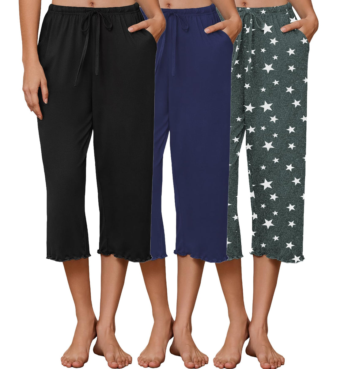 Ekouaer 3 Pack Women Capri Pajama Pants 2026 Ruffle Hem Lounge Pants Drawstring Pj Bottoms with Pockets