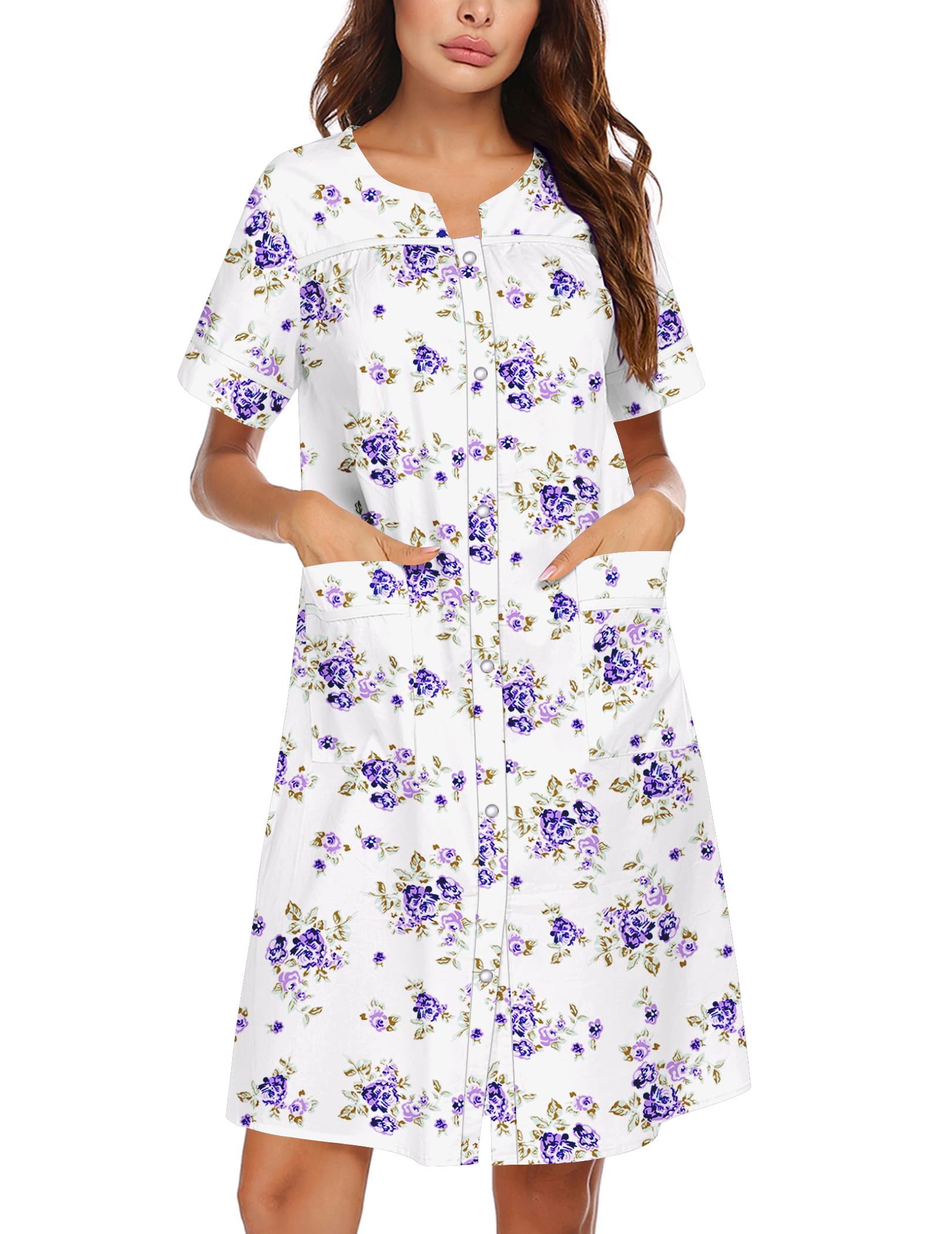 Ekouaer Nightgowns for Women House Dress with Pockets Snap Front House Coat | Duster Mumu Dress, Short Sleeve Moo Moos, Plus Size Sleepwear, Casual Lounge Dress, Labor Delivery Gown, Daily Wear, Home