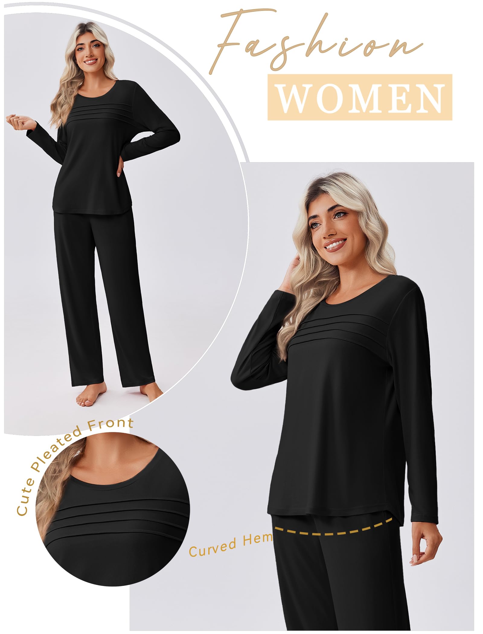 Ekouaer Womens Pajama Sets Pleated Tops with Long Pants Lounge Set Long Sleeve Fall Sleepwear Ladies Pjs S-XXL