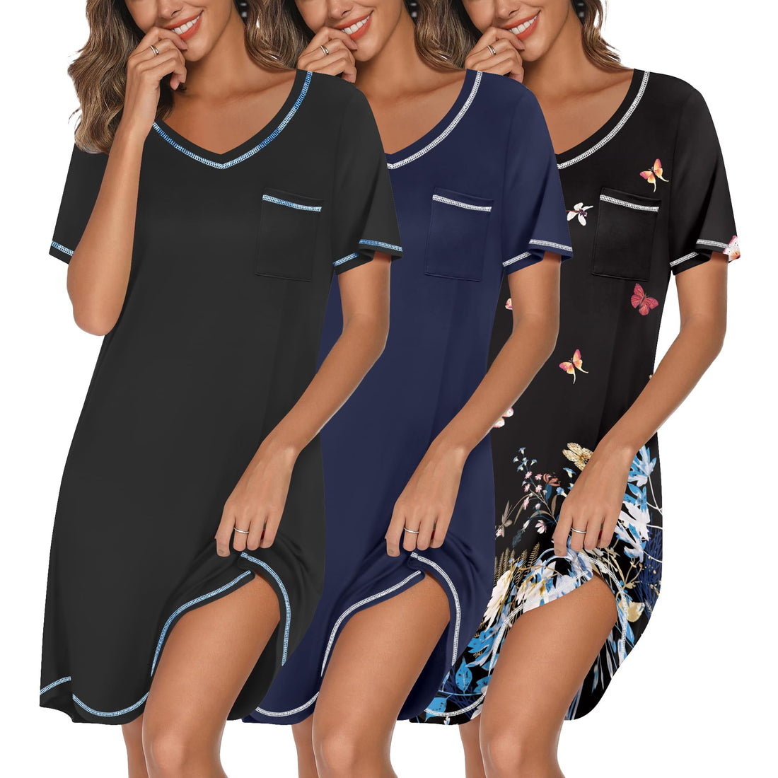 Ekouaer 3 Pack Nightgowns for Women Short Sleeve Sleep Shirts T Shirt Night Gown V Neck Nightshirts Soft Sleepwear Dress