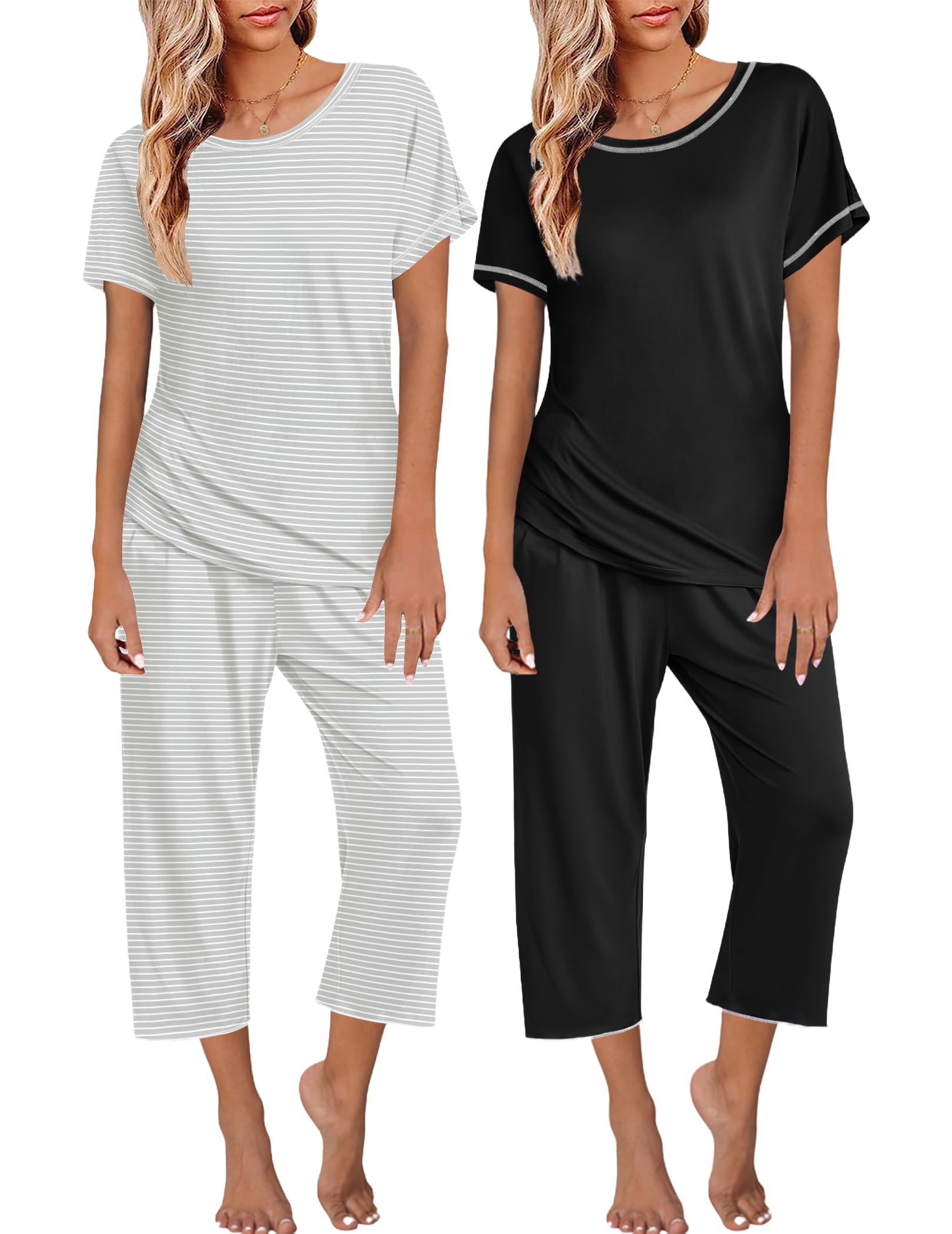 Ekouaer 2 Pack Womens Pajamas Sets Short Sleeve Tops and Capri Pants Pjs Colorful Printed Sleepwear Sets