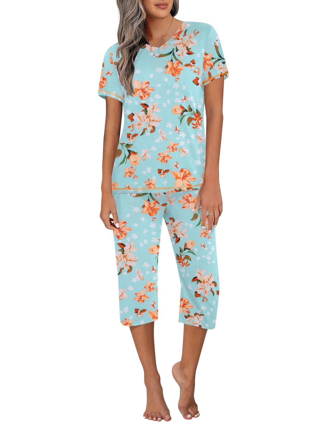 Ekouaer Women's Sleepwear Capri Pajama Sets Short Sleeve Two-Piece Pjs V Neck Tops & Capri Pants with Pockets S-3XL