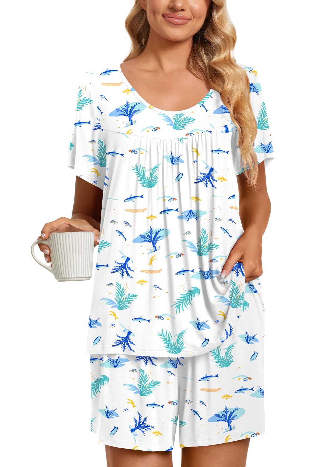 TAOHUADAO 2 Piece Women's Short Sleeve Pajama Sets, Lounge Sleepwear Ladies Pjs Sets with Pockets