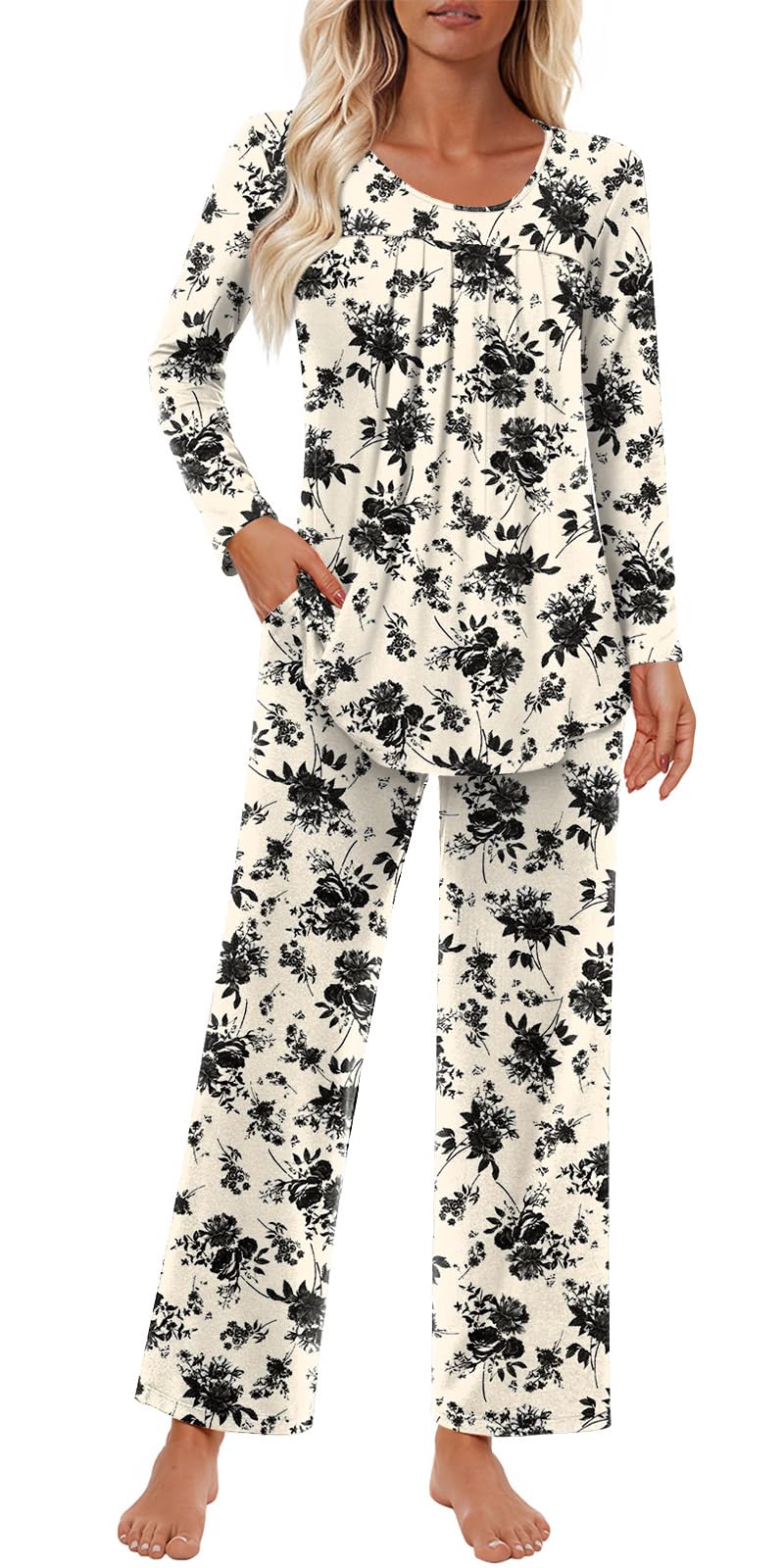 Findsweet Women's Pajama Set 2 Piece Lounge Outfits Soft Sleepwear Fall Long Sleeve Long Pant With Pockets Ladies Pjs S-3XL