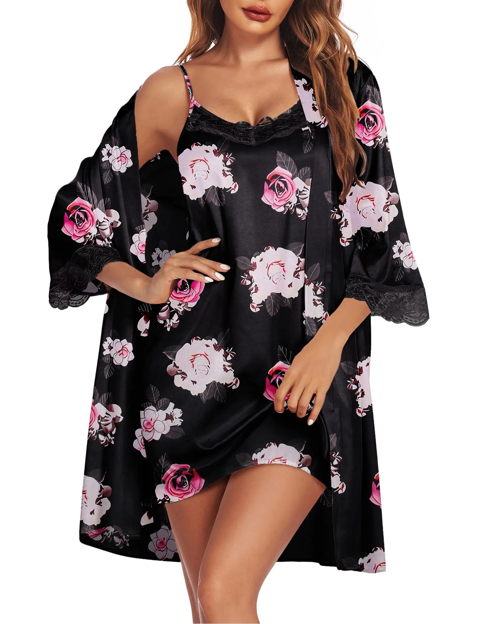 Ekouaer Sleepwear Women's Satin Nightgown with Robes Set 2 Piece Sexy Lace Cami Nightwear WEBE CLOTHING