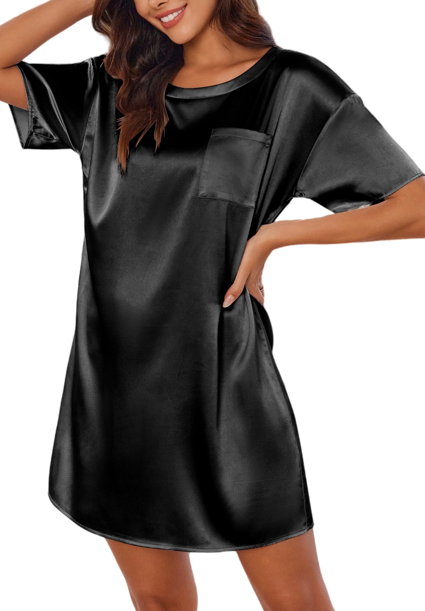 Ekouaer Silk Sleep Shirts for Women Satin Nightshirt Tshirt Nightgown Short Sleeve Round Neck Sleepwear with Pocket S-2XL
