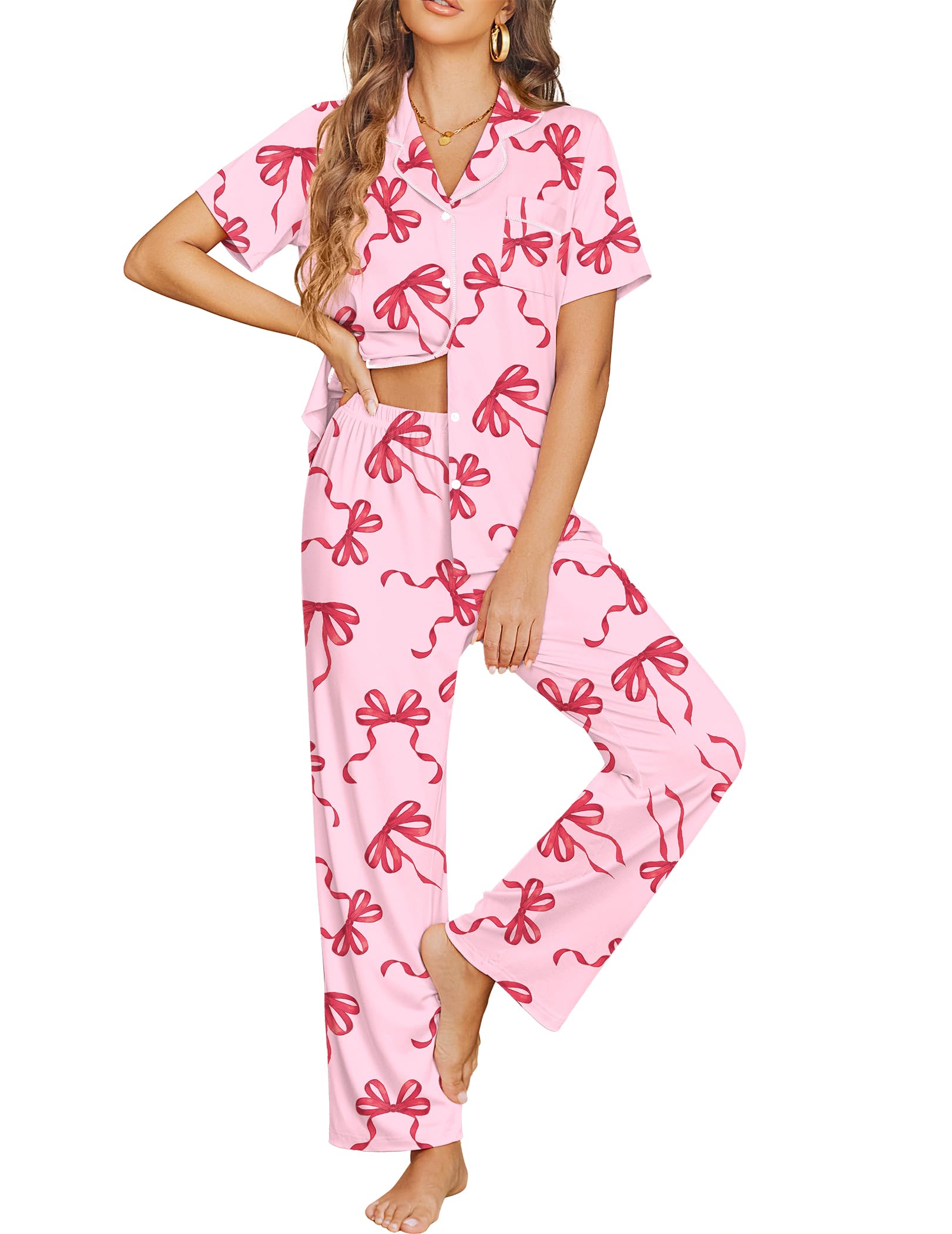 Ekouaer Womens Pajama Sets Button Down Pjs Lounge Sets 2 Piece Short Sleeve Sleepwear Soft Comfy Loungewear