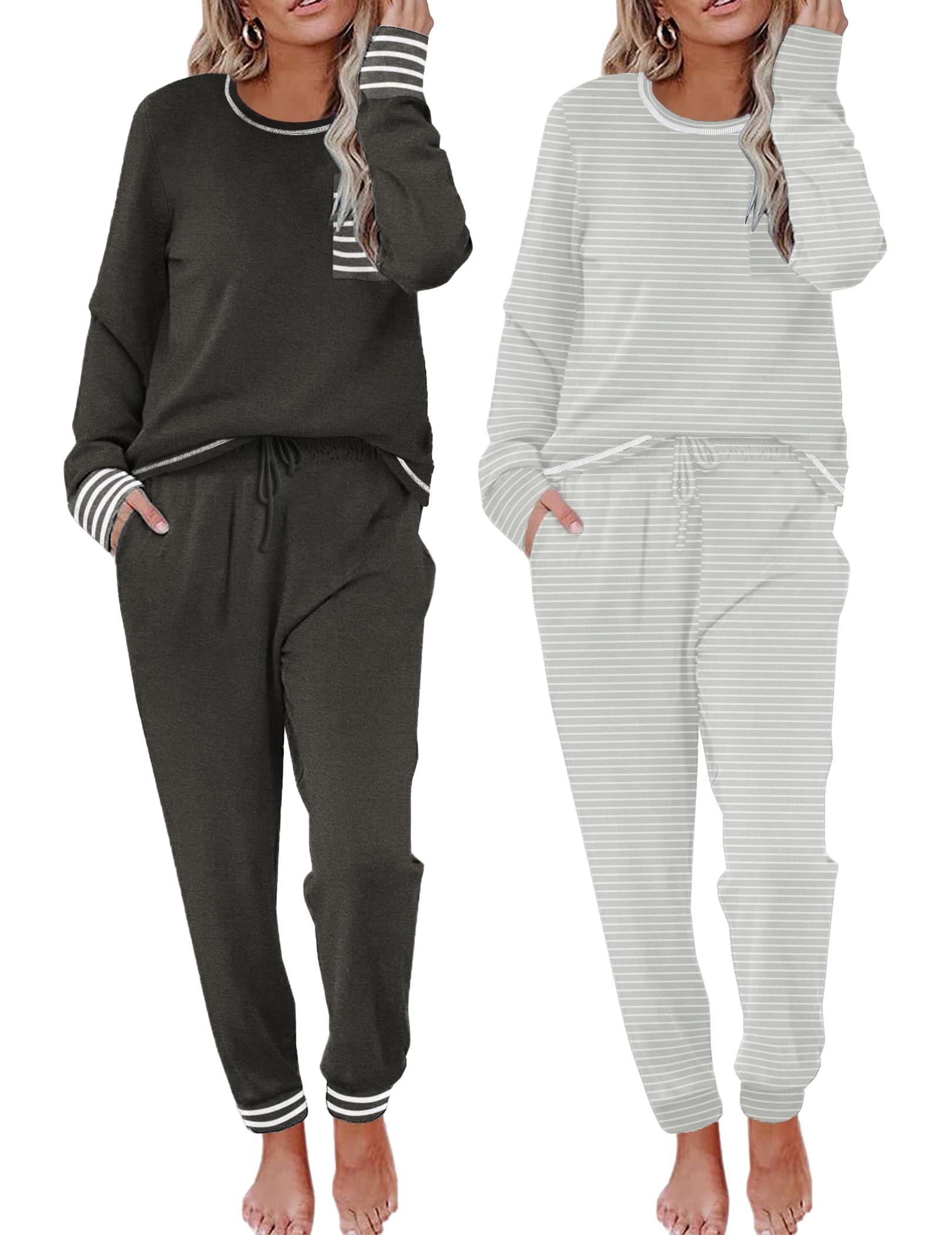 Ekouaer 2 Pack Womens Pajama Sets Long Sleeve Lounge Sets Soft Pj Sleepwear Loungewear