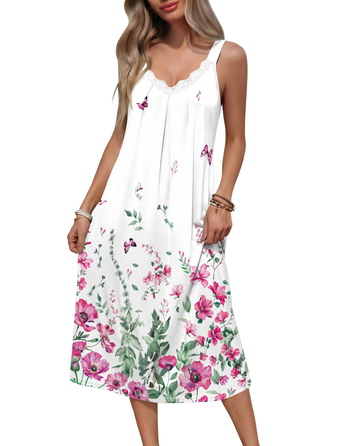 Ekouaer Sleeveless Nightgowns for Women Lace V-neck Long Nightdress Wide Strap Sleepwear Soft Lounge Dresses WEBE CLOTHING