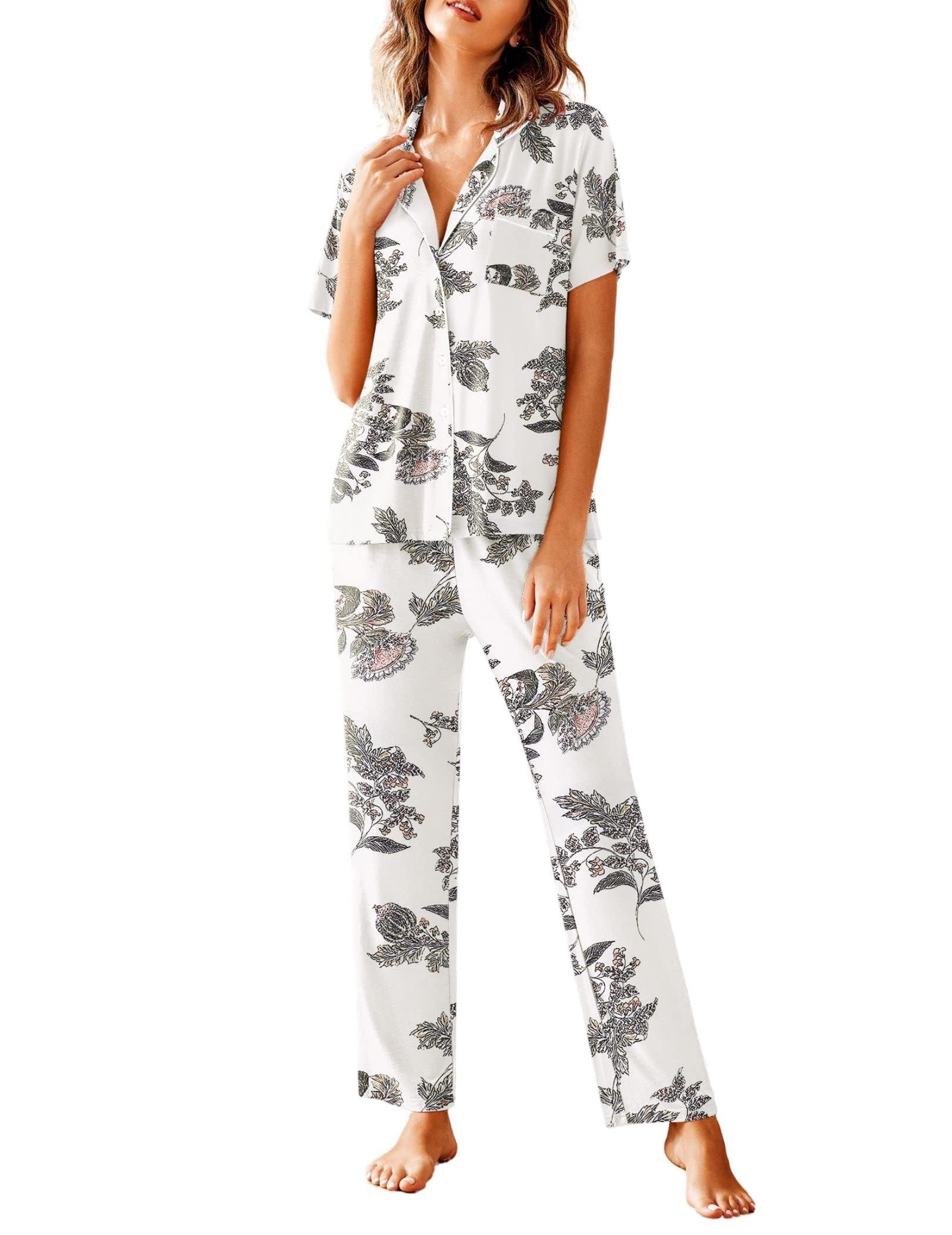 Avidlove Women Pajamas Set Notch Collar Soft Sleepwear Pjs Short Sleeve Button Down Nightwear with Long Pants WEBE CLOTHING