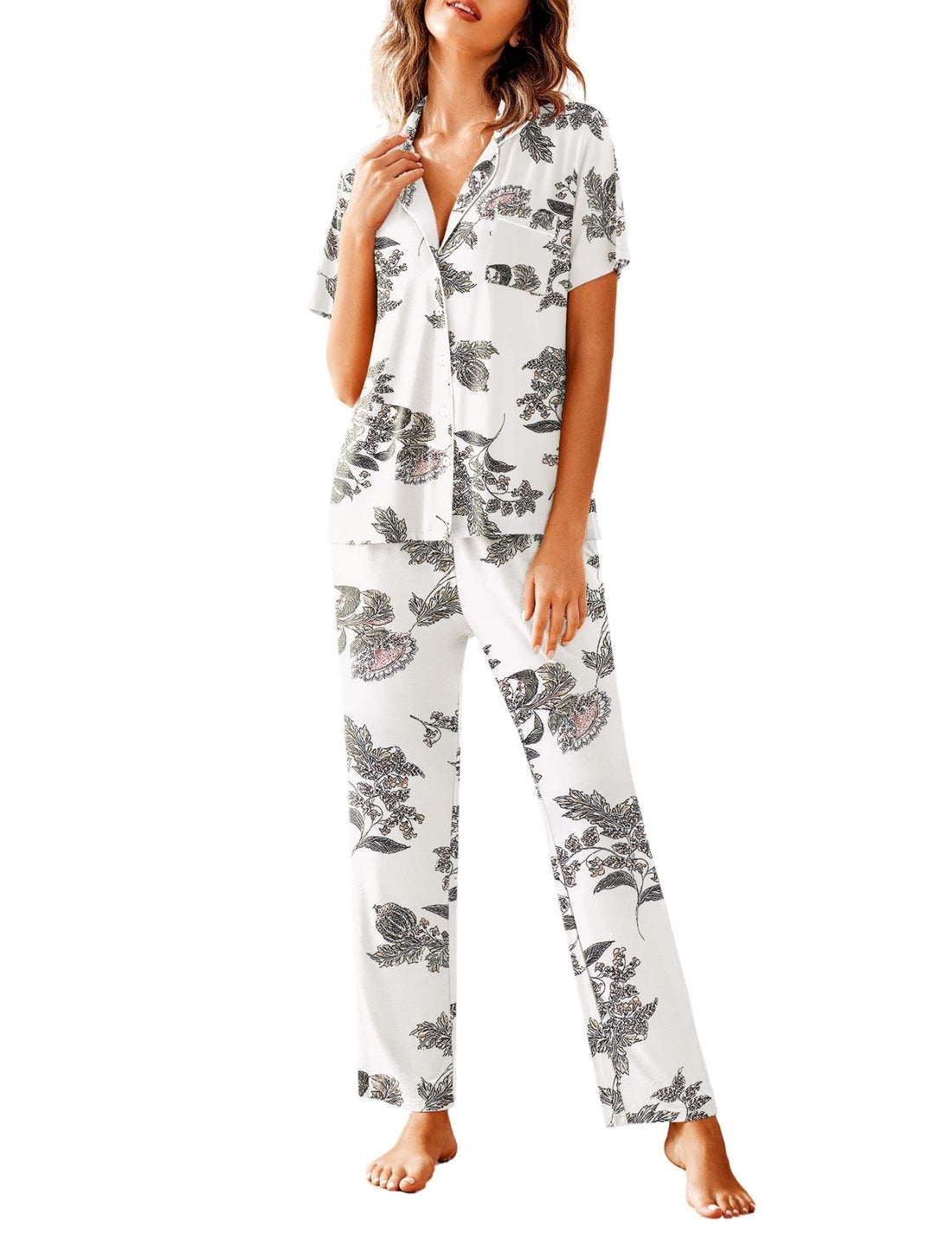 Avidlove Women Pajamas Set Notch Collar Soft Sleepwear Pjs Short Sleeve Button Down Nightwear with Long Pants WEBE CLOTHING