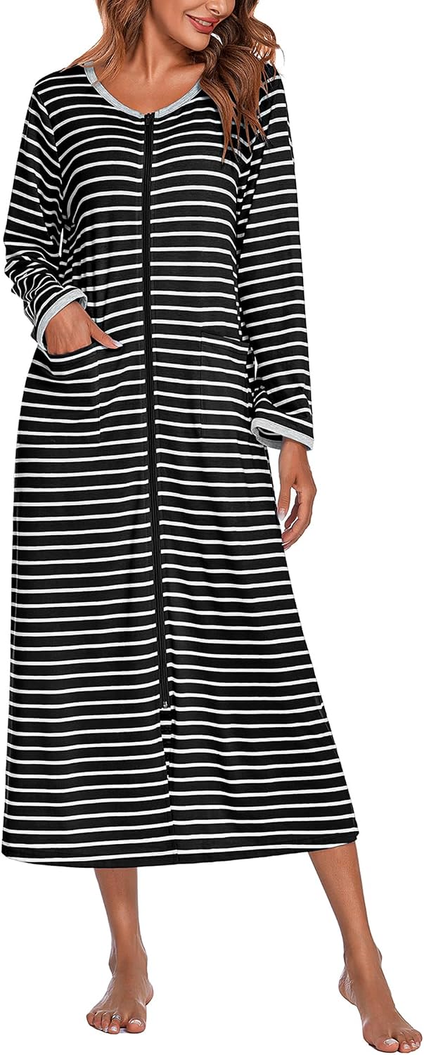 Ekouaer Women Robe Zipper House Coat Full Length Nightgowns with Pockets | Pockets, V Neck, Soft and Comfy WEBE CLOTHING