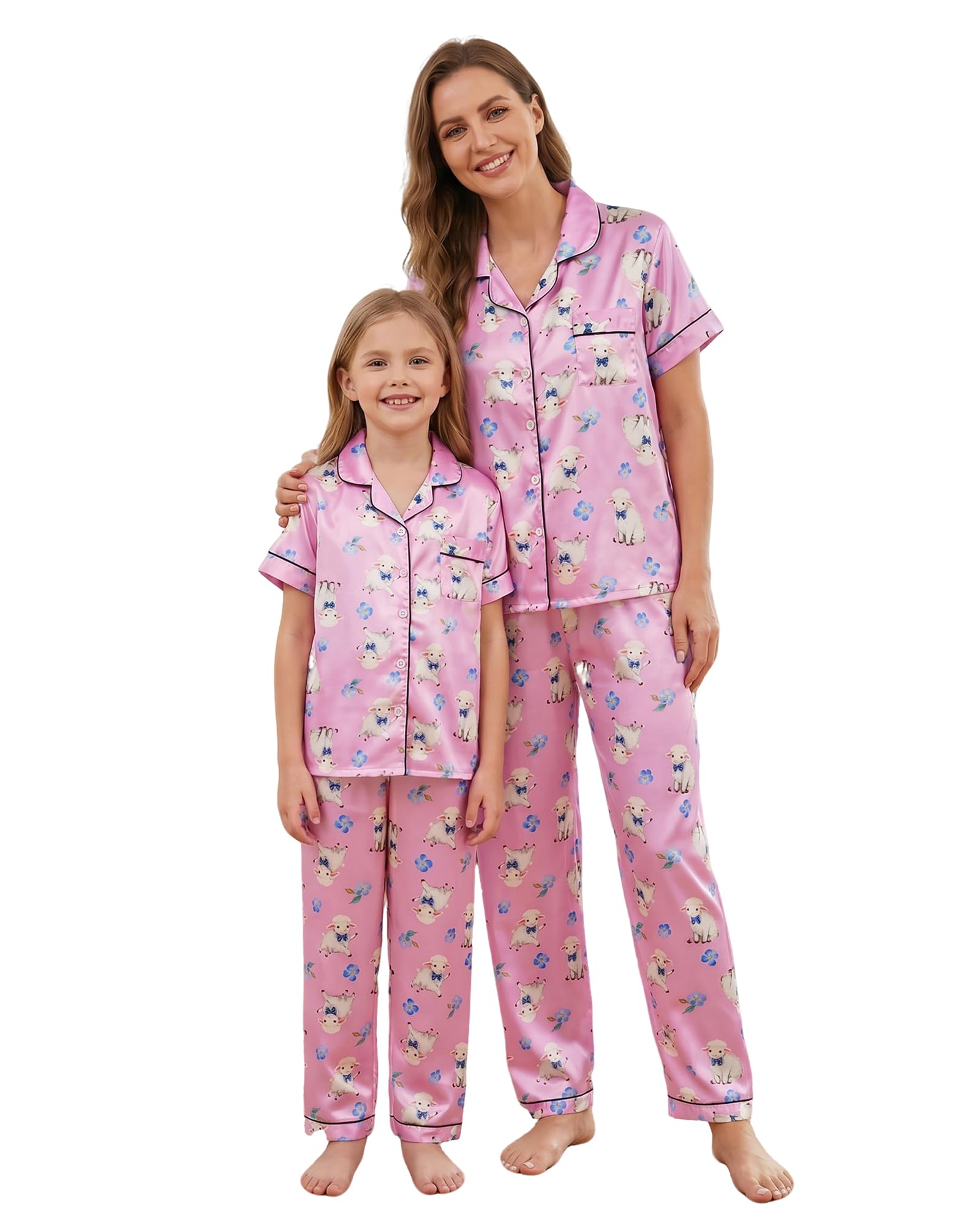 Mommy and Me Pajamas Mother Daughter Family Matching Sleepwear Button Down Silky Satin Nightwear
