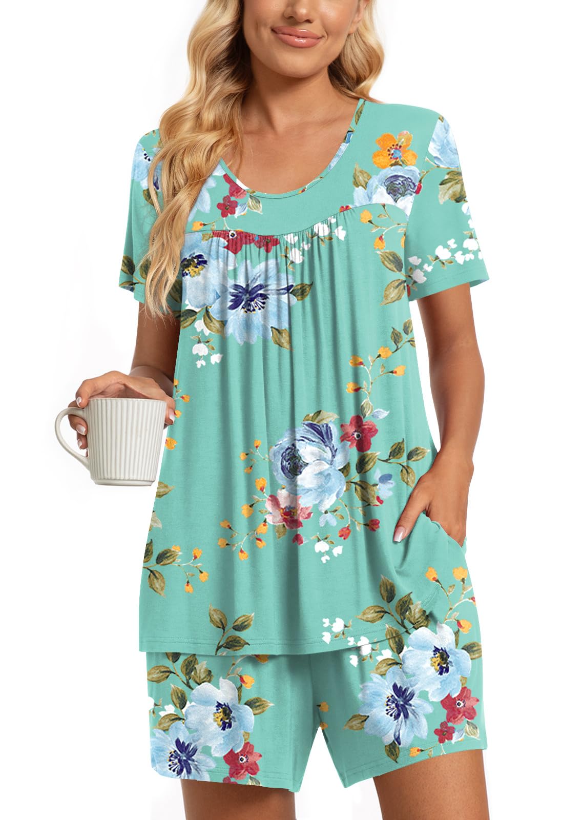 TAOHUADAO 2 Piece Women's Short Sleeve Pajama Sets, Lounge Sleepwear Ladies Pjs Sets with Pockets