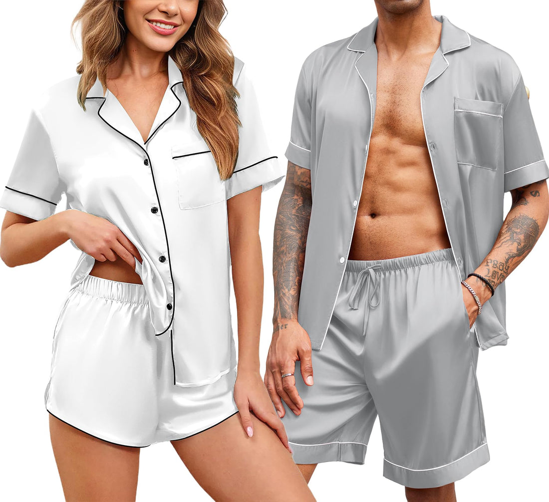 Ekouaer Silk Satin Matching Pajamas Sets Couple Button Down Nightwear Women & Men Short Sleeve Sleepwear 2 Pieces Loungewear