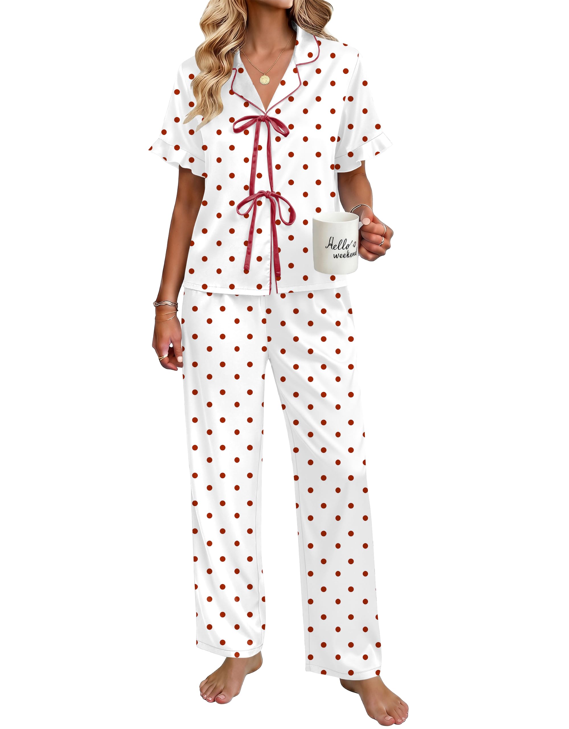 Ekouaer Womens Satin Pajama Sets Silky Tie Front Ruffle Pjs Sets Sleepwear | Soft lightweight satin fabric; tie-front top with ruffle cuffs, ideal for loungewear, bridal party and vacation wear WEBE CLOTHING