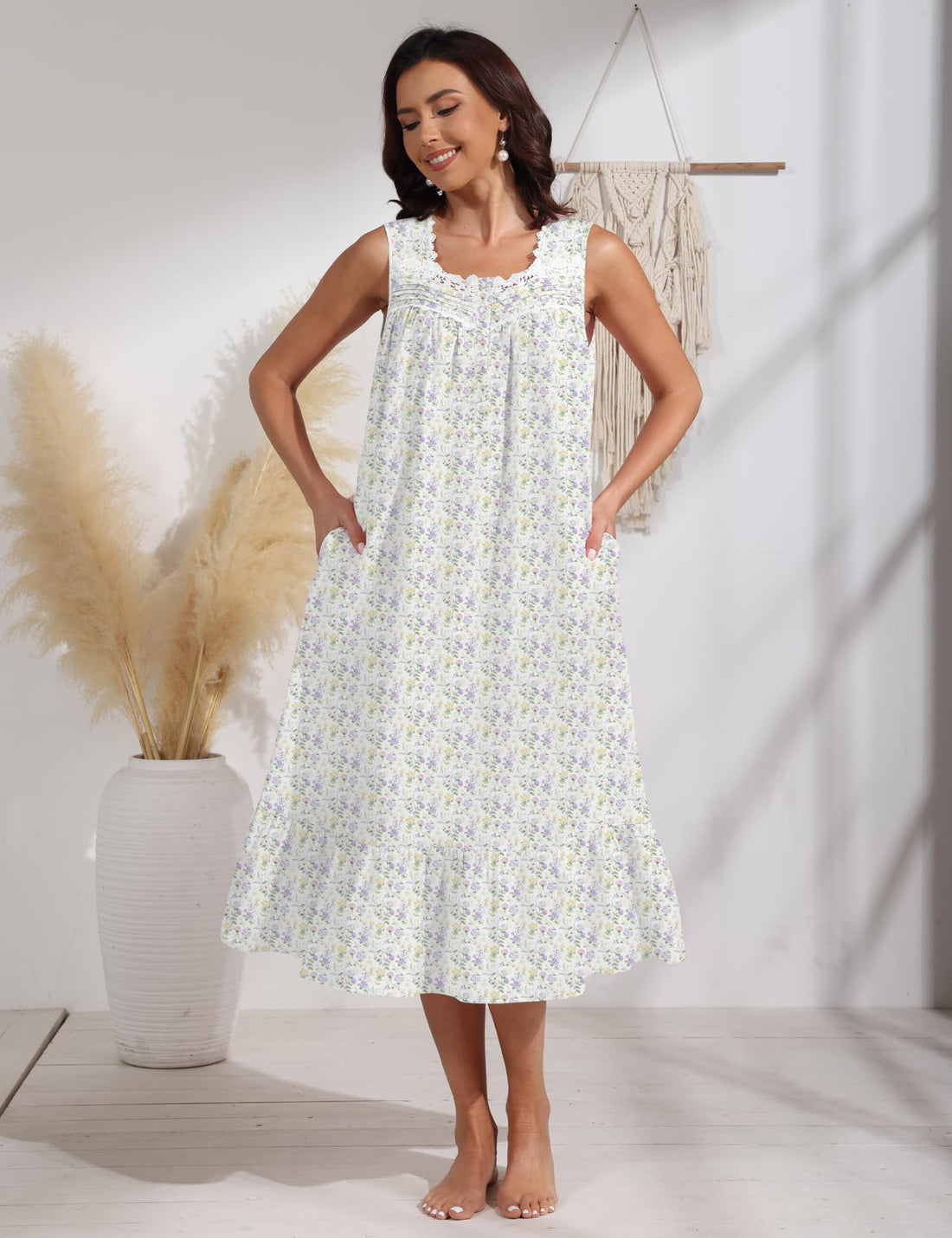 100% Cotton Floral Pearl Snap Nightgown for Women Sleeveless Victorian Sleep Dress Cotton Nightgowns with Pockets WEBE CLOTHING