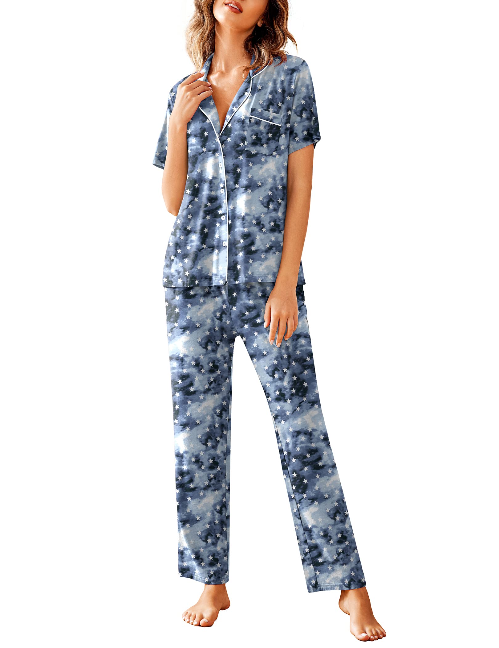 Avidlove Women Pajamas Set Notch Collar Soft Sleepwear Pjs Short Sleeve Button Down Nightwear with Long Pants WEBE CLOTHING
