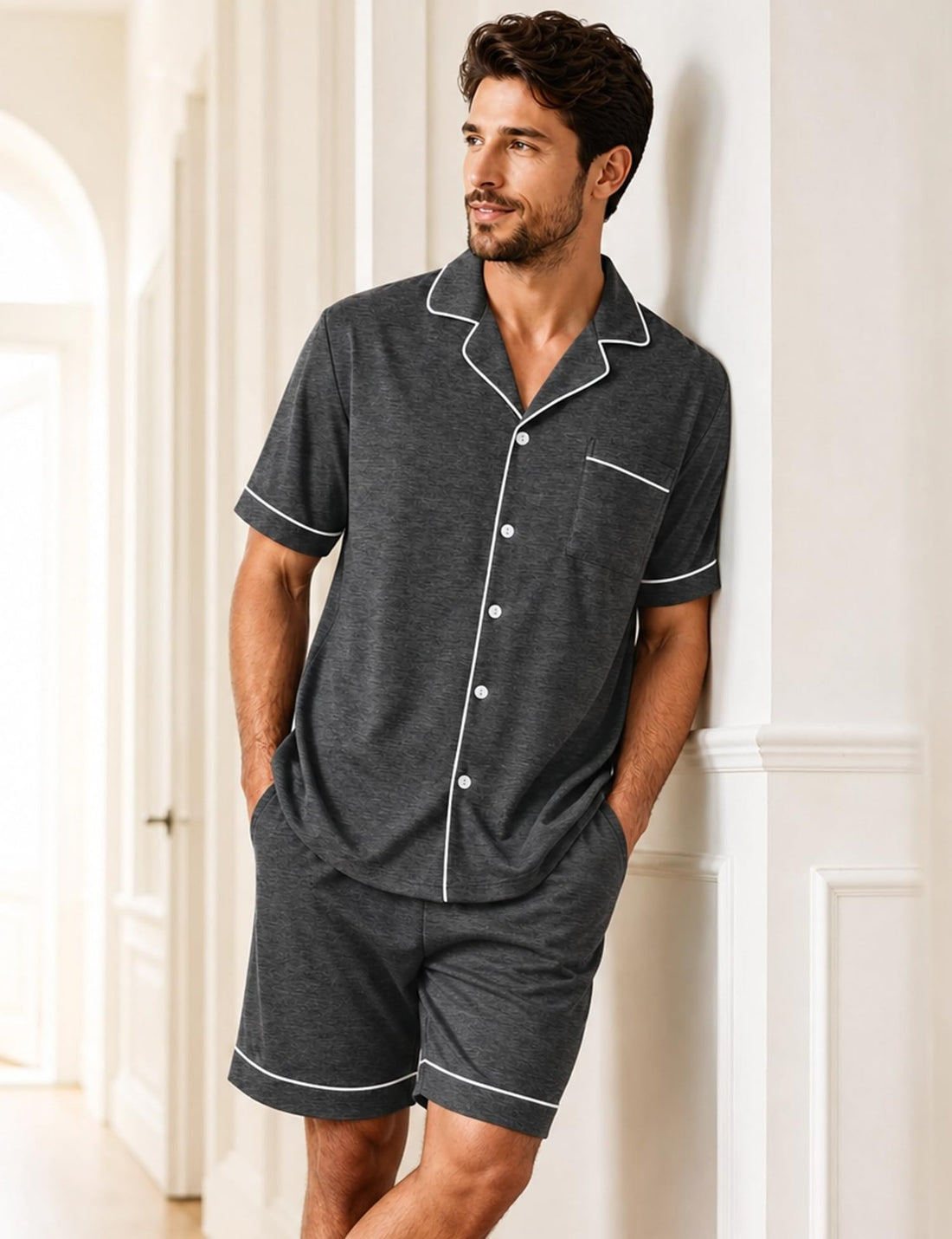 SWOMOG 100% Cotton Mens Pajama Set Short Sleeve Sleepwear Button Down Loungewear 2 PCS Cotton Pjs Set with Pockets WEBE CLOTHING