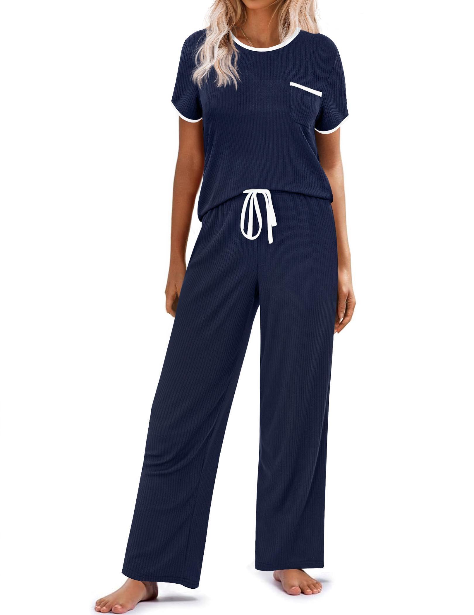 Ekouaer Women Lounge Pajamas Sets Ribbed Knit PJ Short Sleeve and Long Pajama Pant Soft 2 Piece Sleepwear Loungwear Set