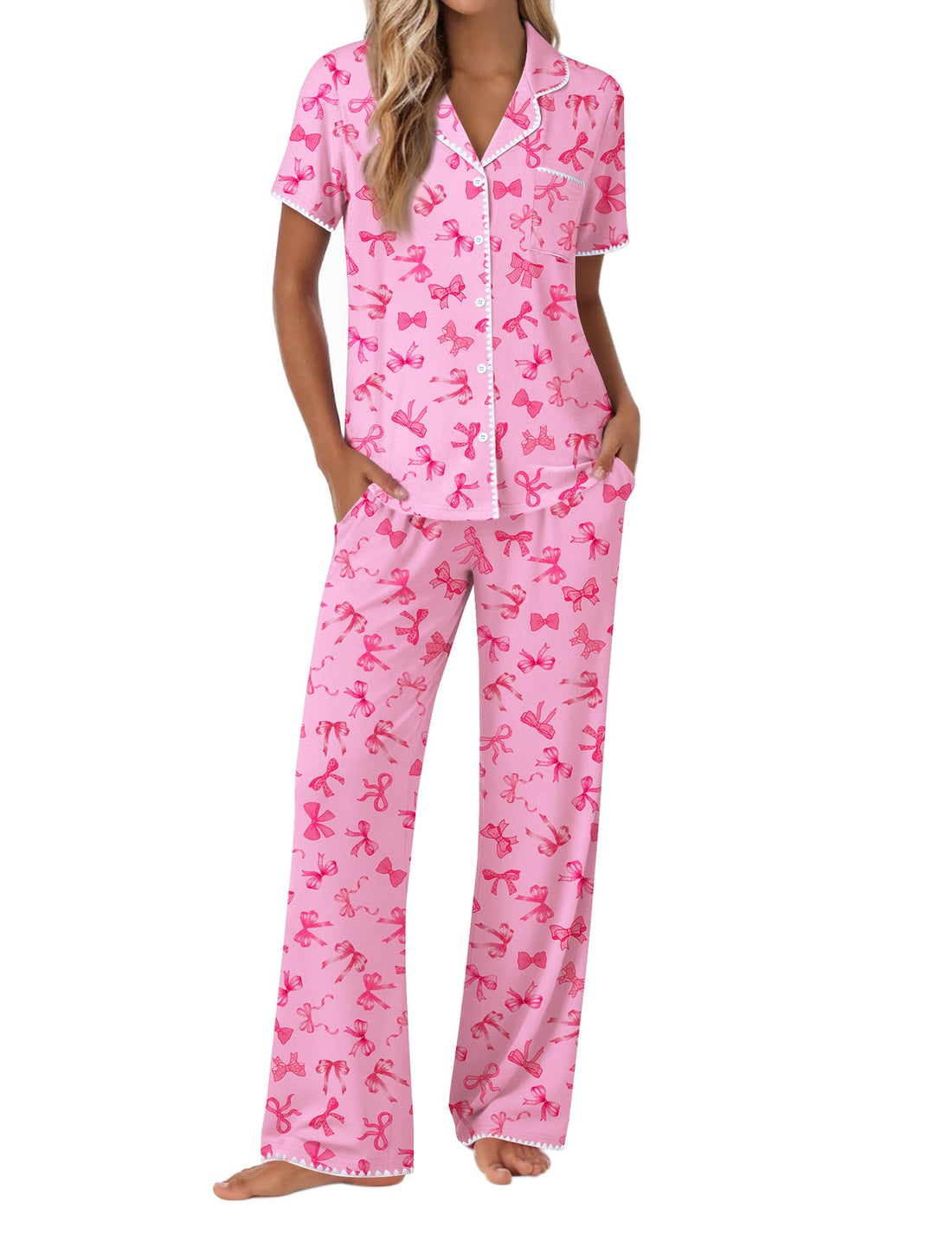 Ekouaer Pajamas for Women Set Button Up Soft Pjs Short Sleeve 2 Piece Lounge Sets Comfy Sleepwear