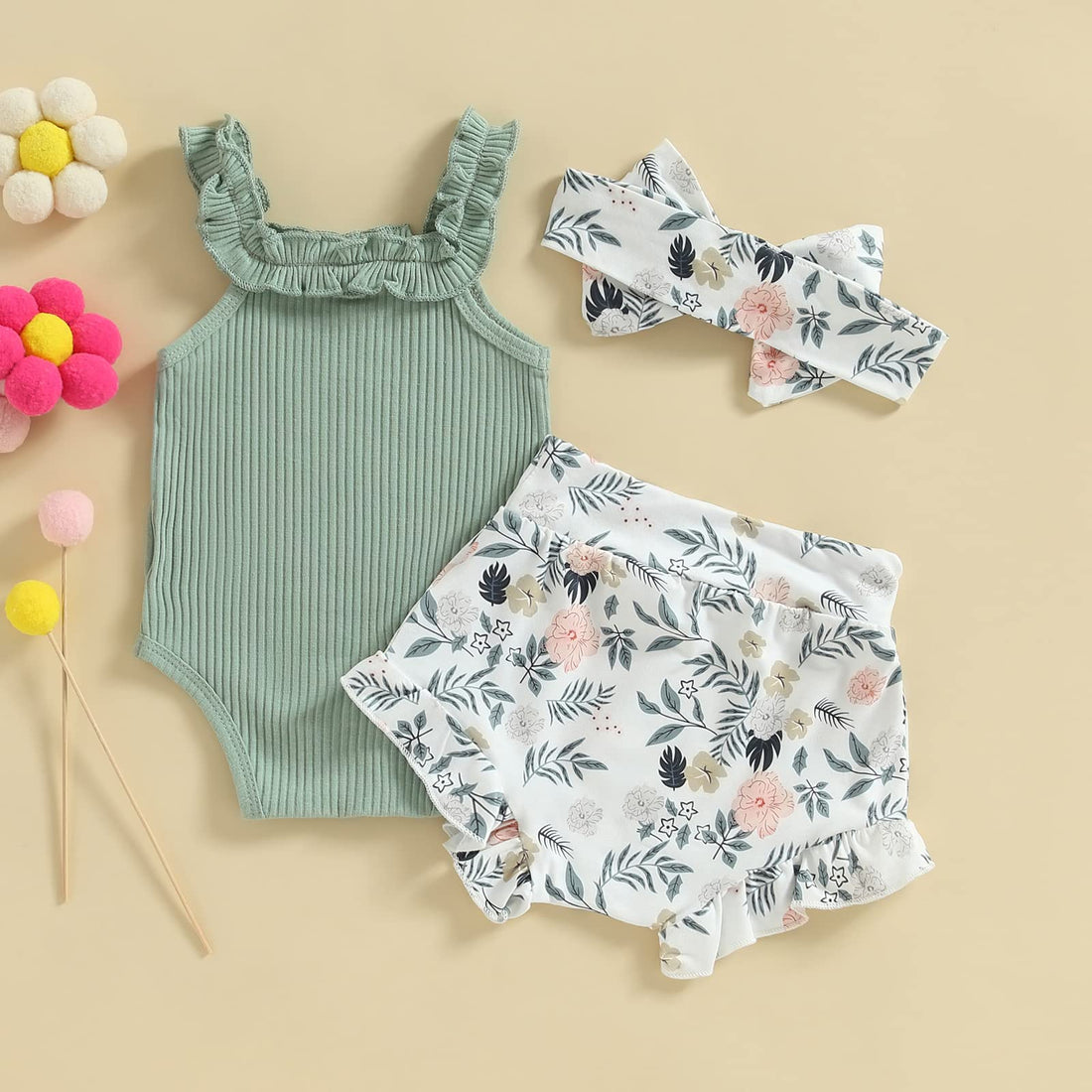 Newborn Baby Girl Summer Clothes Sleeveless Floral Top Ribbed Shorts Boho Outfit Set WEBE CLOTHING