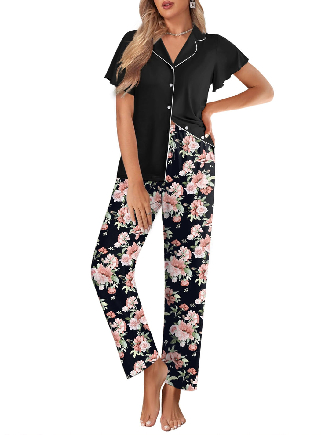 Ekouaer Pajamas for Women Set Button Up Sleepwear Cute Pjs Ruffle Sleeve Notch Collar Loungewear with Long Pants S-XXL