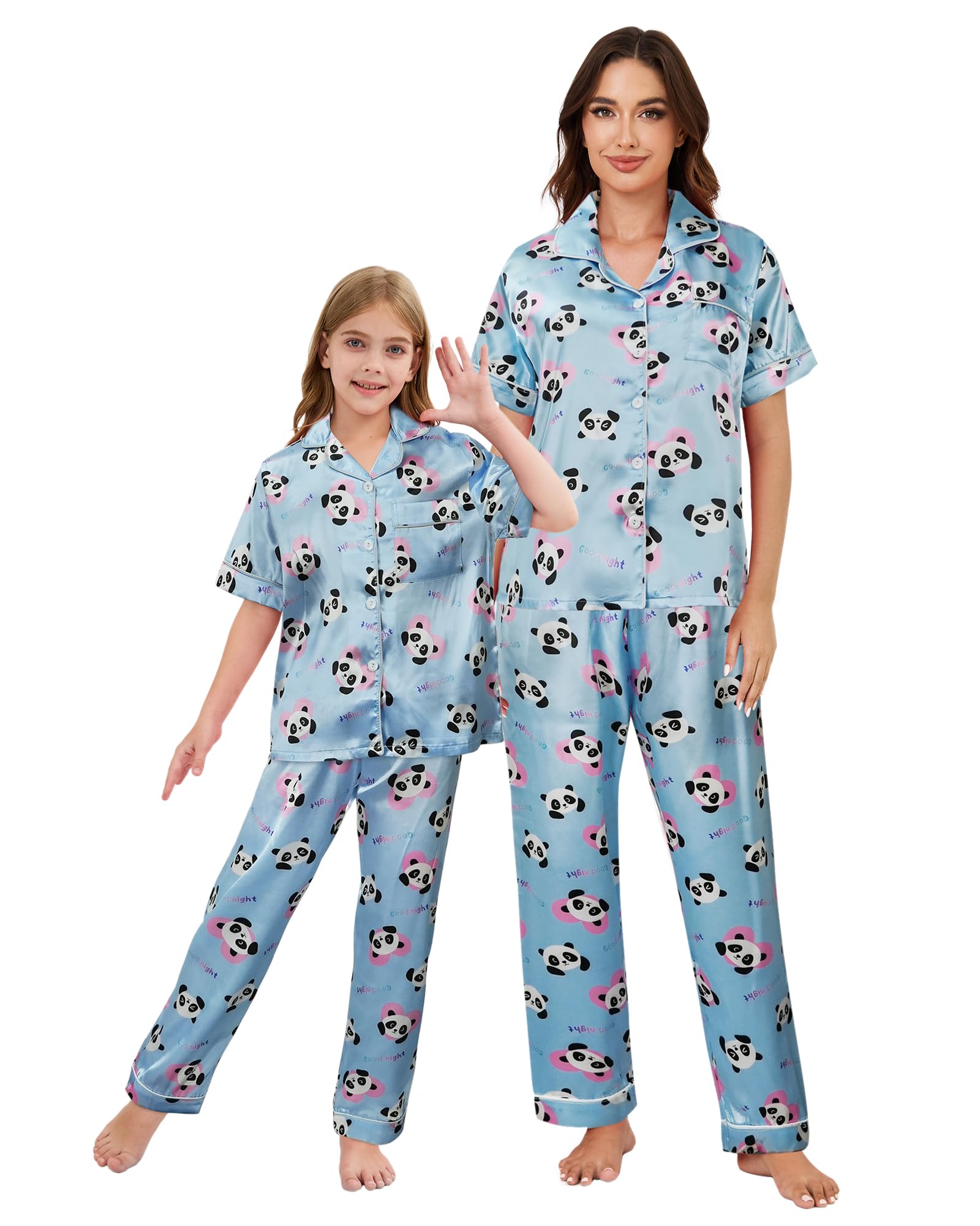 Mommy and Me Pajamas Mother Daughter Family Matching Sleepwear Button Down Silky Satin Nightwear